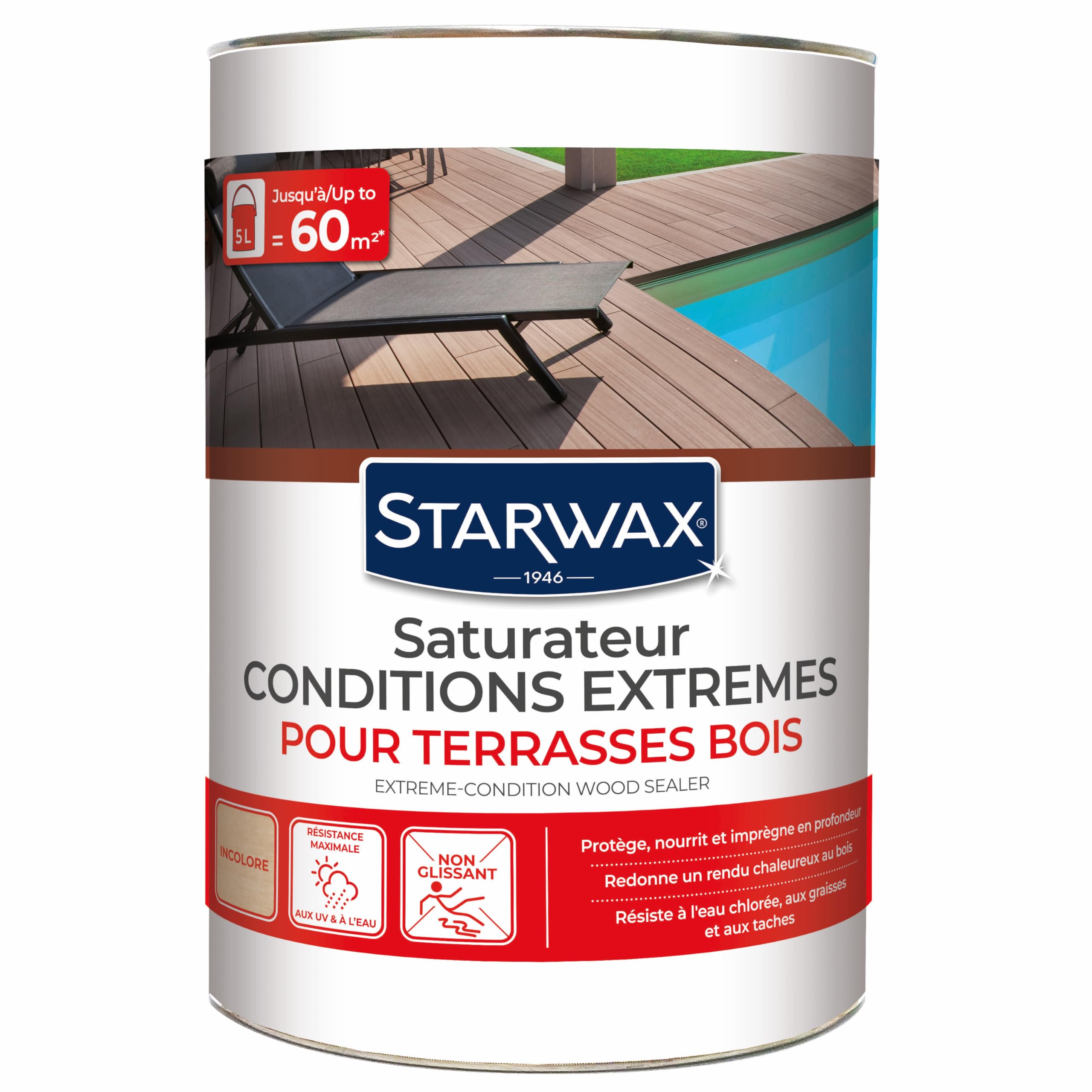 STARWAX - Saturateur Bois Extérieur Incolore - Conditions Extrêmes - Pour Terrasse - Nourrit & Protège - Résiste Aux UV, Intempéries, À L'Eau Chlorée - Fabriqué En France - Jusqu'à 60m2 - 5L