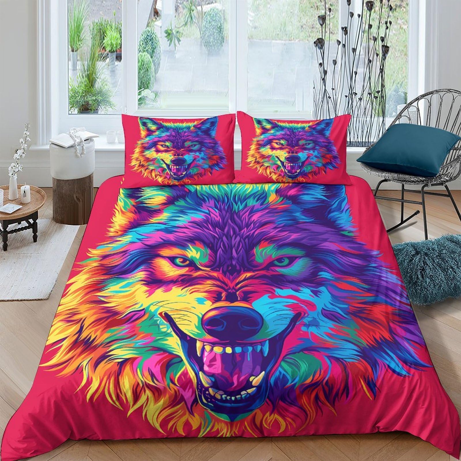 Ctjqhvkz Style-5 3D Printed Colorful Wolf Fitted Sheet Microfiber Soft Bedroom Decor Rainbow Animal Mattress Cover For Home Dorm Single（135X200cm）