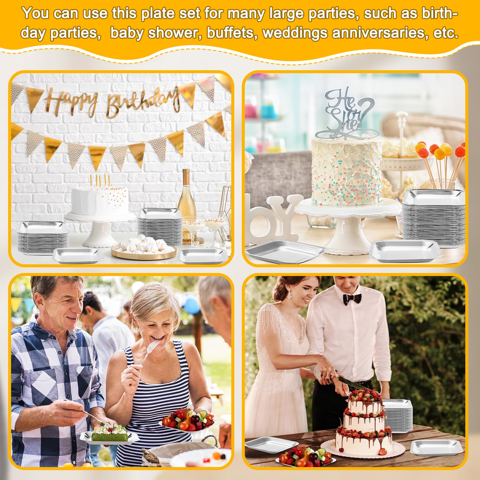 Dandat Confezione da 100 piatti quadrati di carta usa e getta da 17,8 cm, per antipasti, torte, usa e getta, in lamina metallica, per dessert, per laurea, compleanno, matrimonio, anniversario, feste