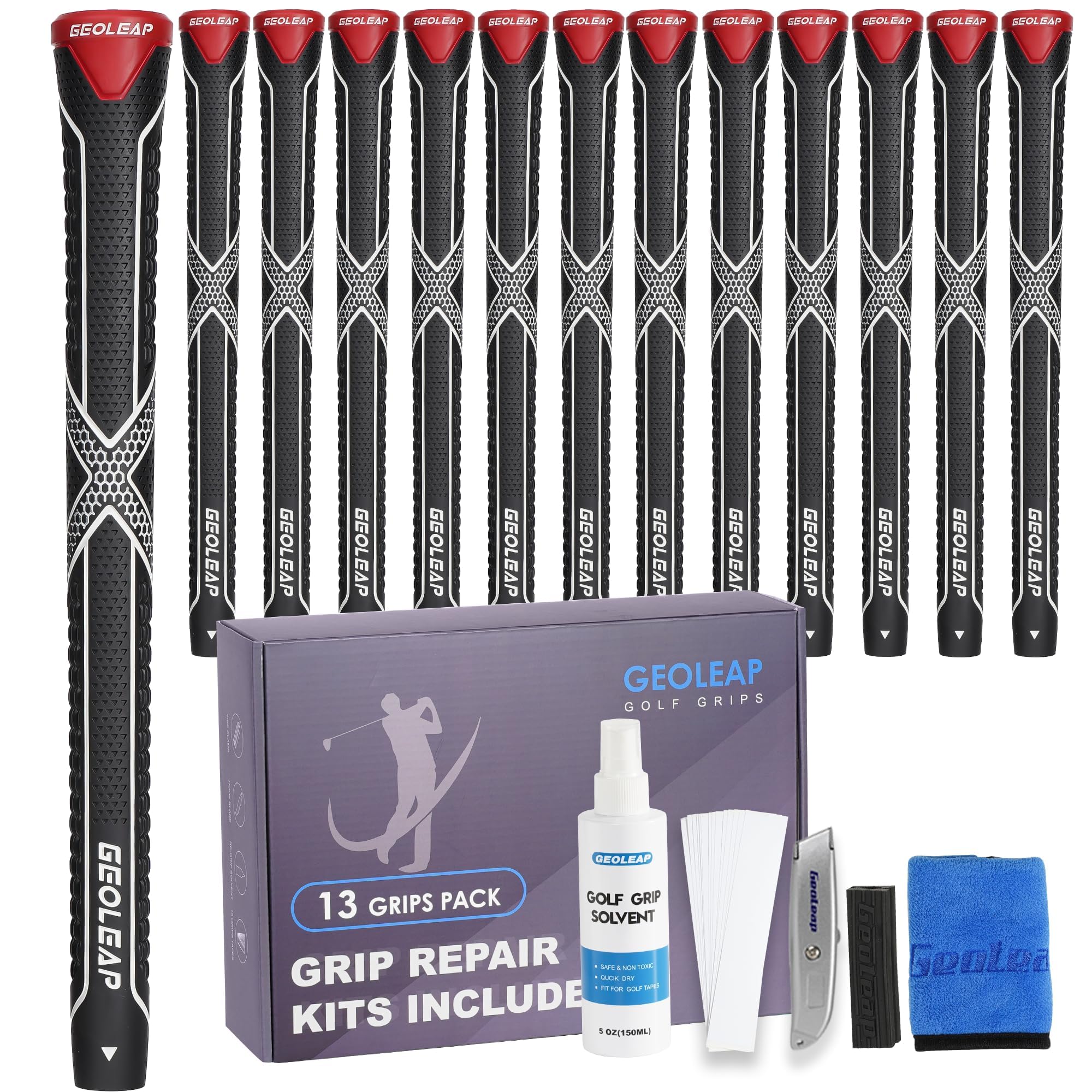 Photo 1 of Geoleap ACX Golf Grips 13 Pack with Complete Regripping Kit -Reduced Taper & Triple Texture Non-Slip Design Golf Club Grips, High Shock-Absorbing Soft Feel Golf Grips for Men and women. (Black red, Jumbo)