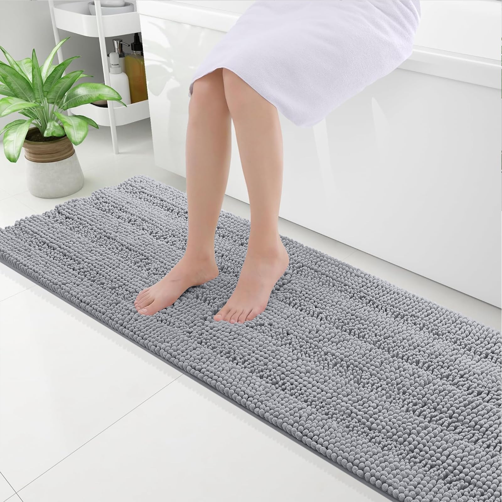 Grandaily Chenille Bathroom Rugs 59x20, Soft Bath Mats, Light Grey