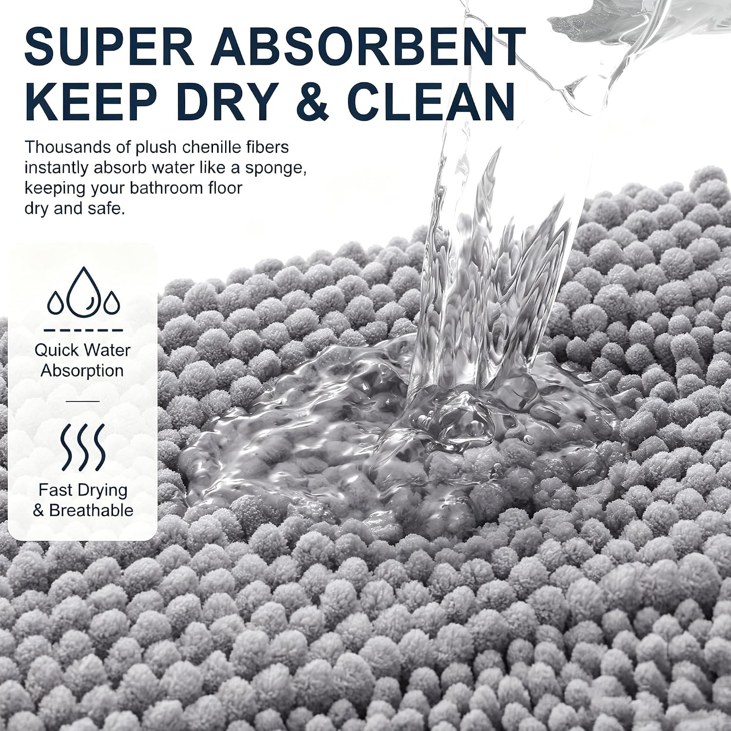 Smiry Thick Chenille Bathroom Rugs 30x20, Soft Absorbent Bath Mat, Grey