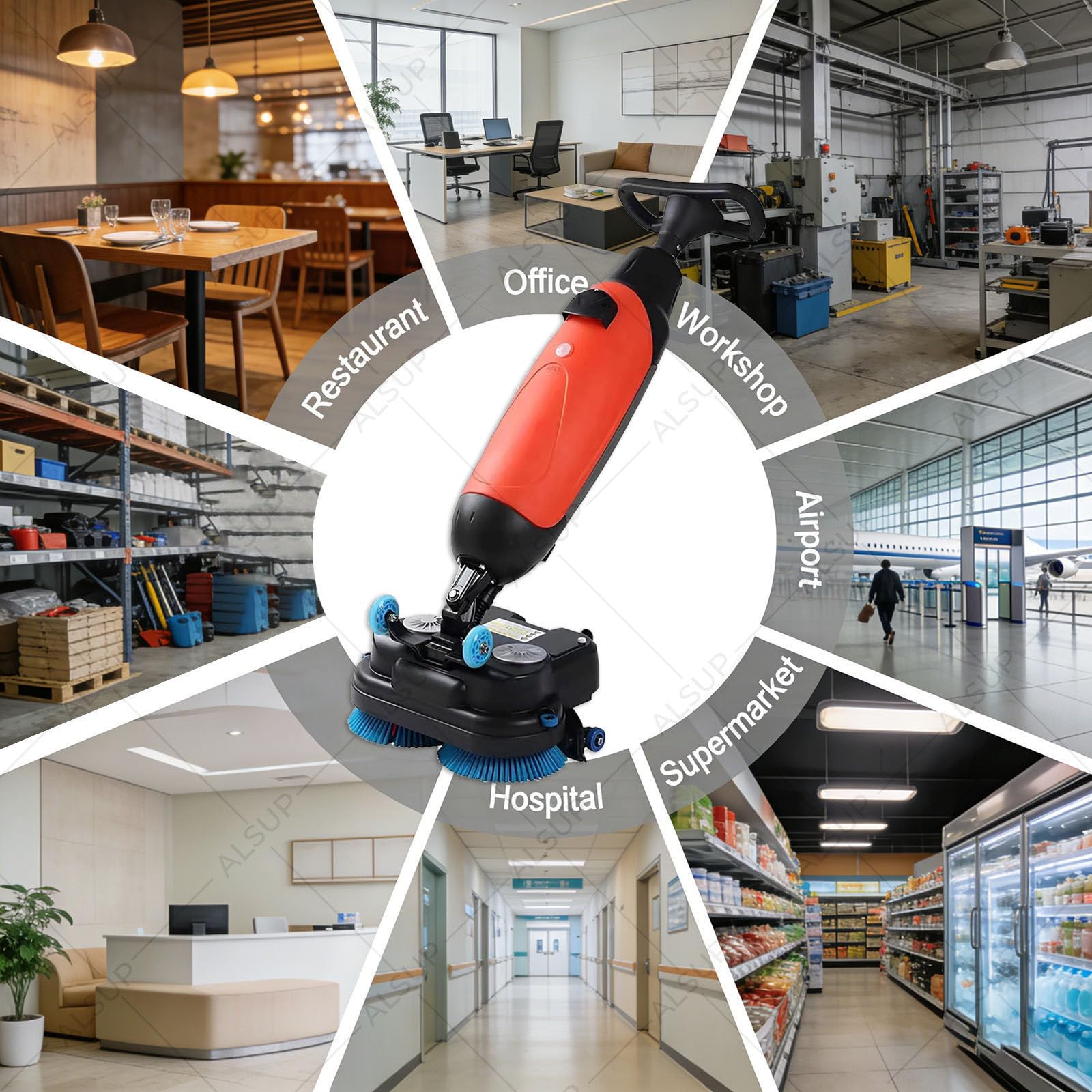 Lavadora de Pisos Comercial Batería Litio, 12900 pies²/h, Cepillos Rotativos 360°, Limpieza Húmeda y Seca para Grandes Superficies