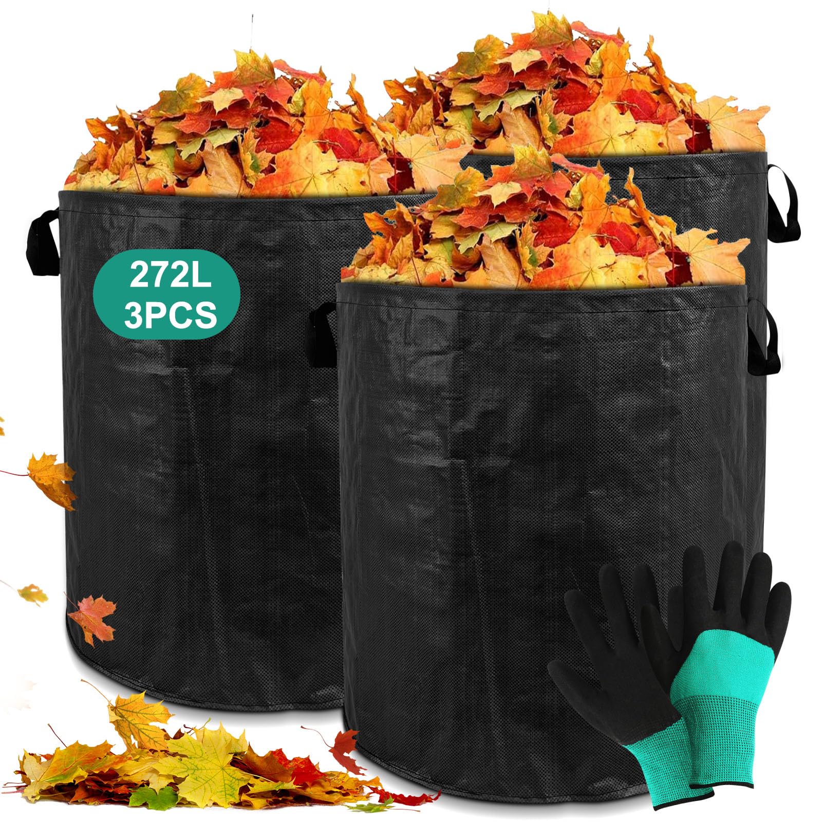 Sacchi per Rifiuti da Giardino 3x272L, Sacchi Giardinaggio Resistenti agli Strappi e Impermeabili Supporta fino a 50 kg, Sacco Raccogli Foglie Pieghevole Autoportante,