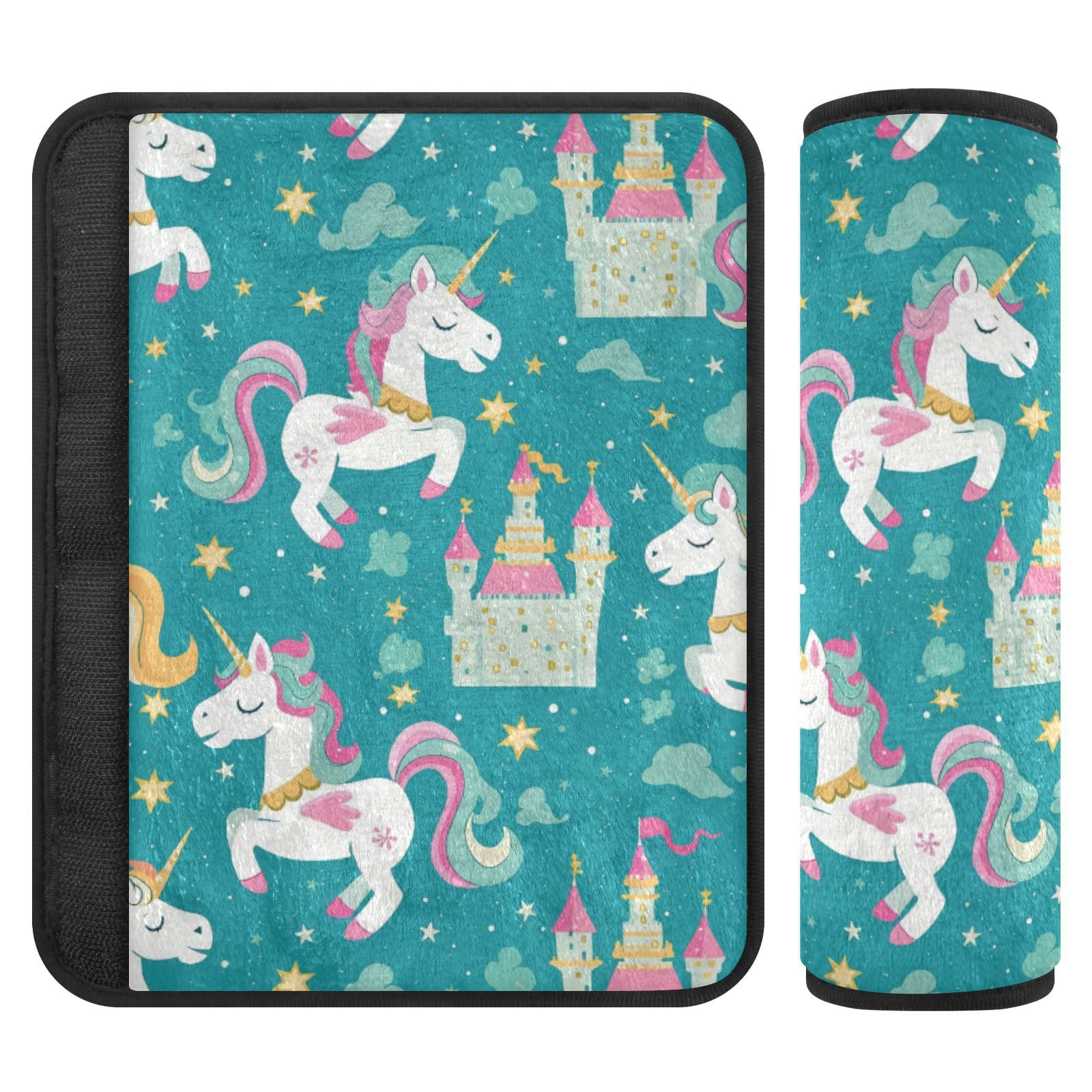 Seat Belt Covers 2 Pack Cute Unicorns Car Seat Strap Covers Super Soft Castle Stars Car Seat Neck Cover for Boys Girls Adults Babies M