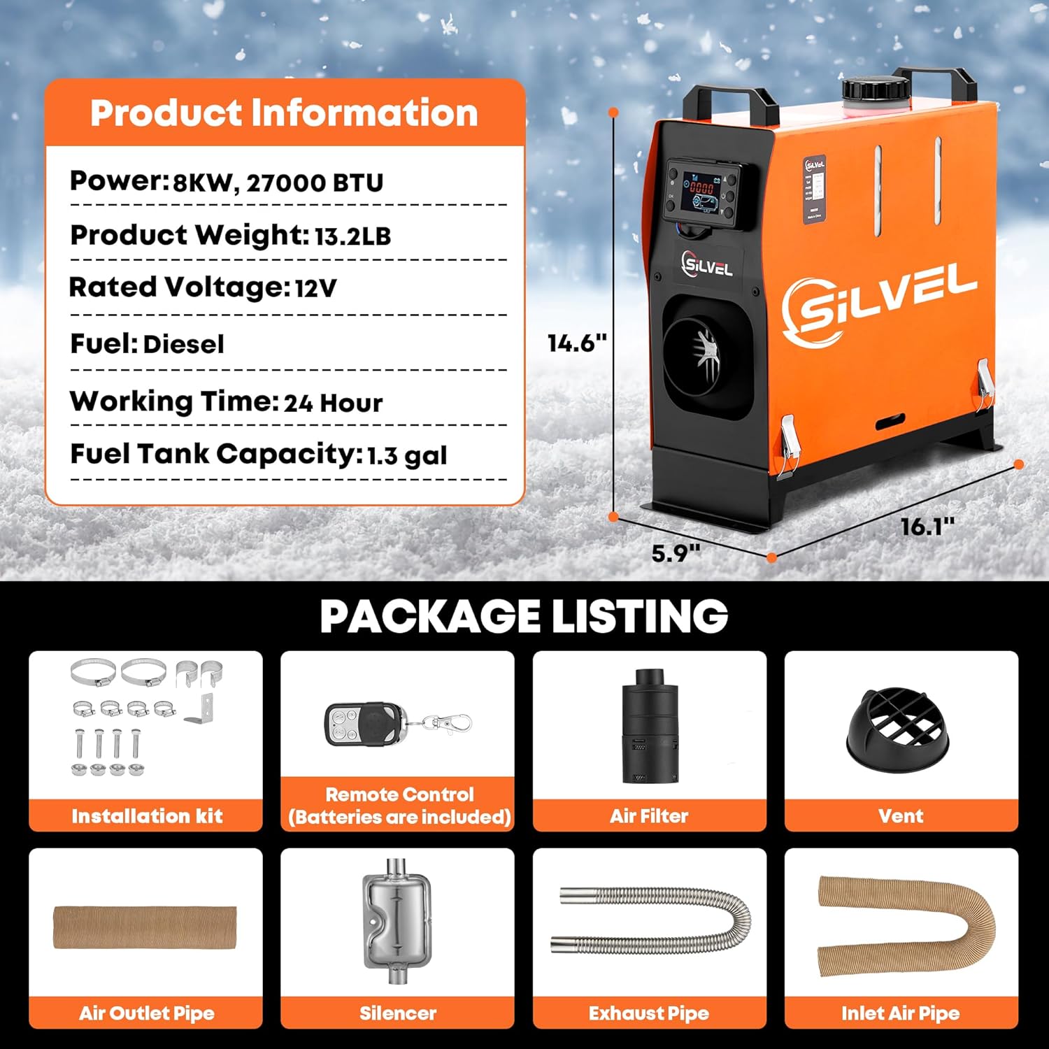 Product information and dimensions of SILVEL Diesel Heater