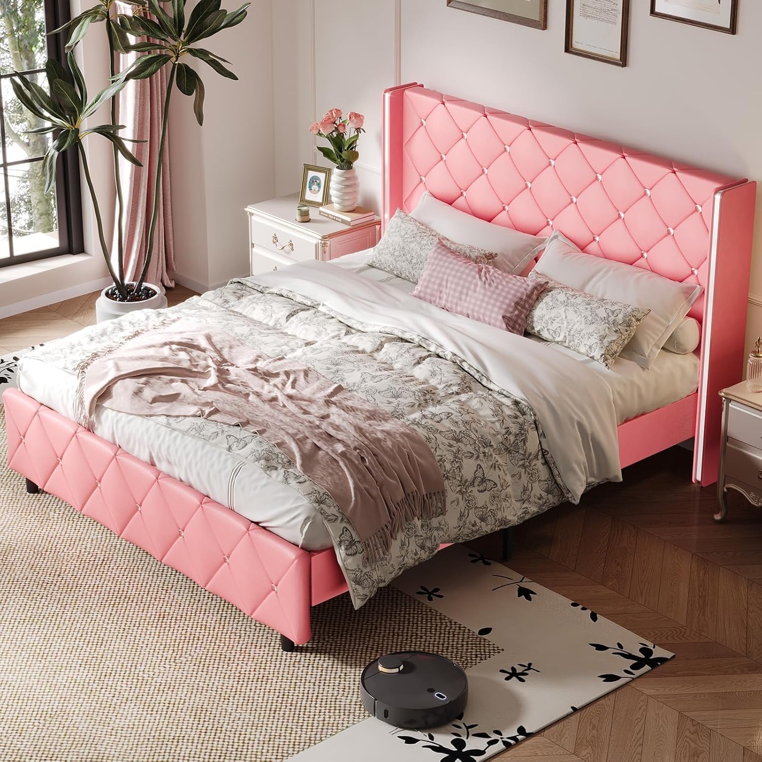 Queen Bed Frame with Headboard, Upholstered Queen Size Bed Frame with Diamond Tufted Wingback Headboard, Faux Leather, 800lbs Heavy Duty Support, Sliver Metal Edge Accents, No Box Spring Needed, Pink