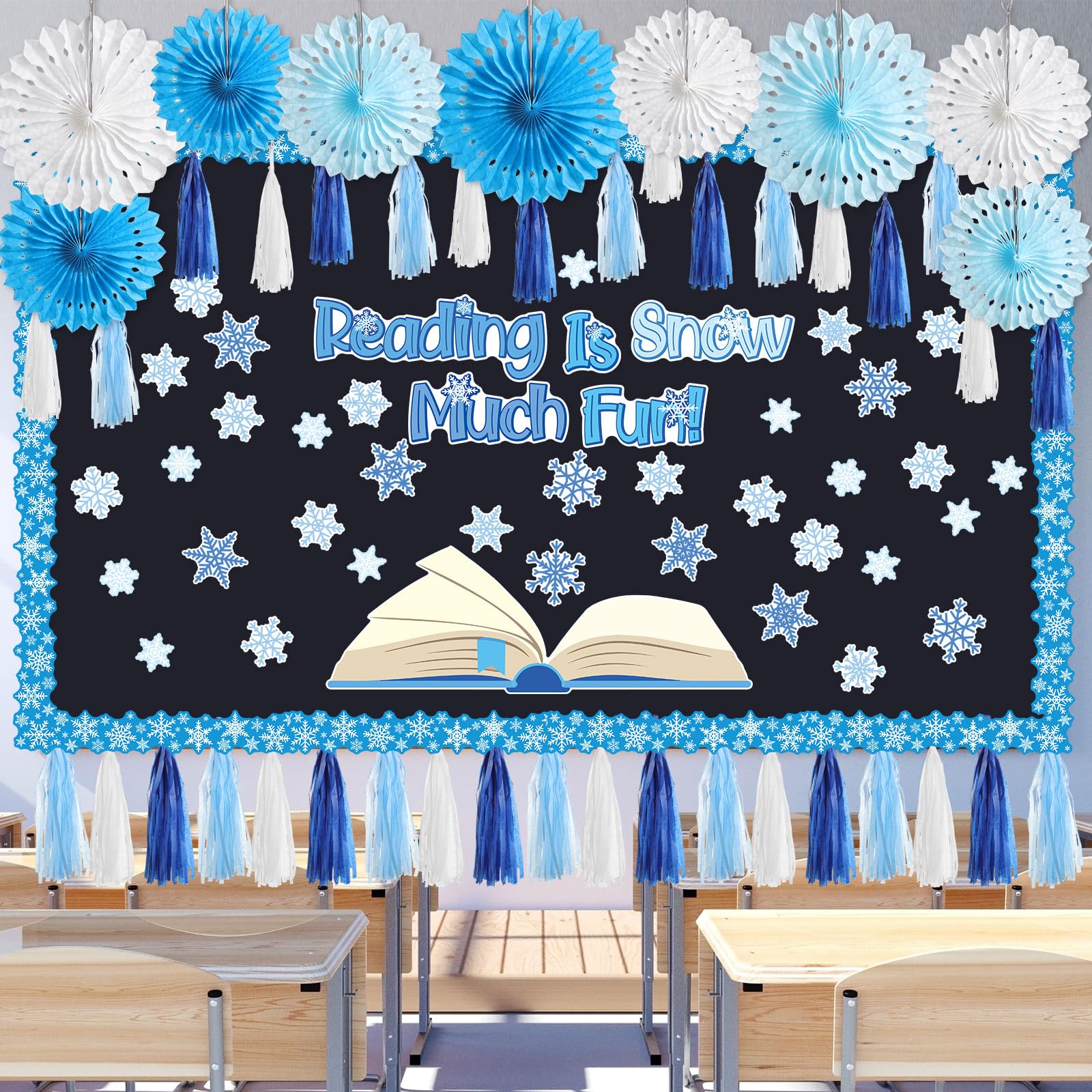 Frienda 99 Pieces 3D Snowflake Bulletin Board Decorations with Paper Fan Tassels Winter Reading is Snow Much Fun Snowflake Cutouts Classroom Decor for