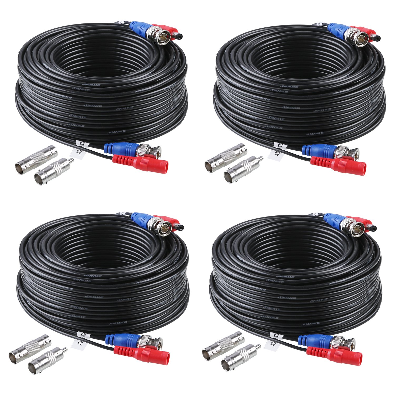 ANNKE 4 Pack 30M/100ft All-in-One Video Power Cables, BNC Extension Surveillance Camera Cables for CCTV Security DVR System Installation, Free 8 x BNC Connectors and 100pcs Cable Clips Included