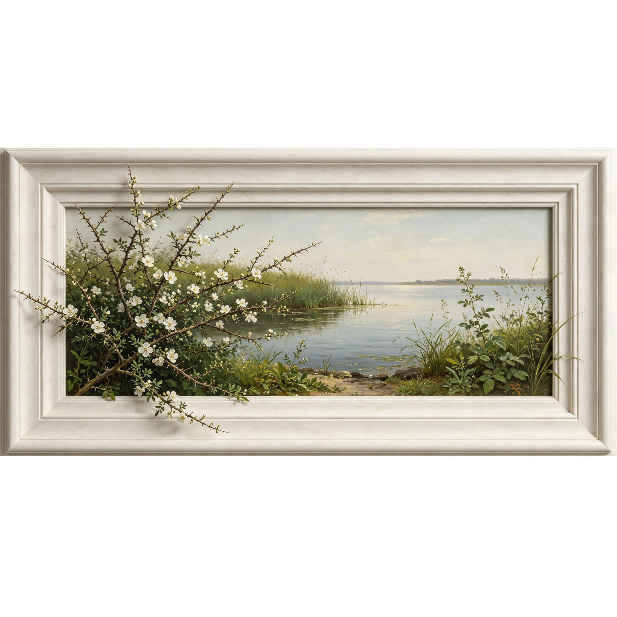 Agglomerix 3D Framed Wall Art Lake Shoreline Landscape Oil Painting White Flower Thorn Branch Nature Large Size SelfAdhesive Removable Wall Decor Prints Artwork for Living Room Bedroom Office