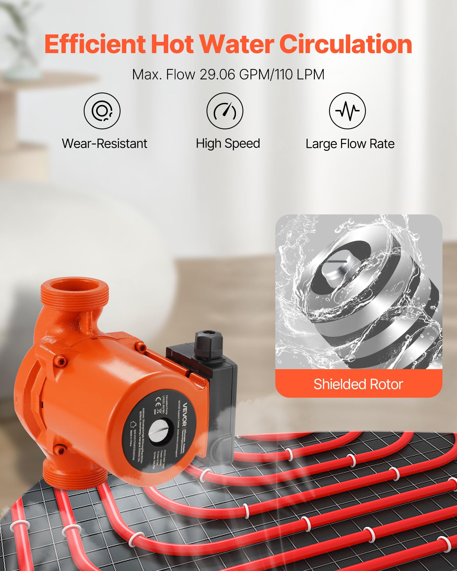 VEVOR LPS32-8S/180 Bomba de Circulación, 110 LPM, Ajuste de 3 Velocidades, Bomba de Recirculación de Agua Caliente de Hierro Fundido, Conexión Roscada, para Sistemas de Calefacción Residenciales