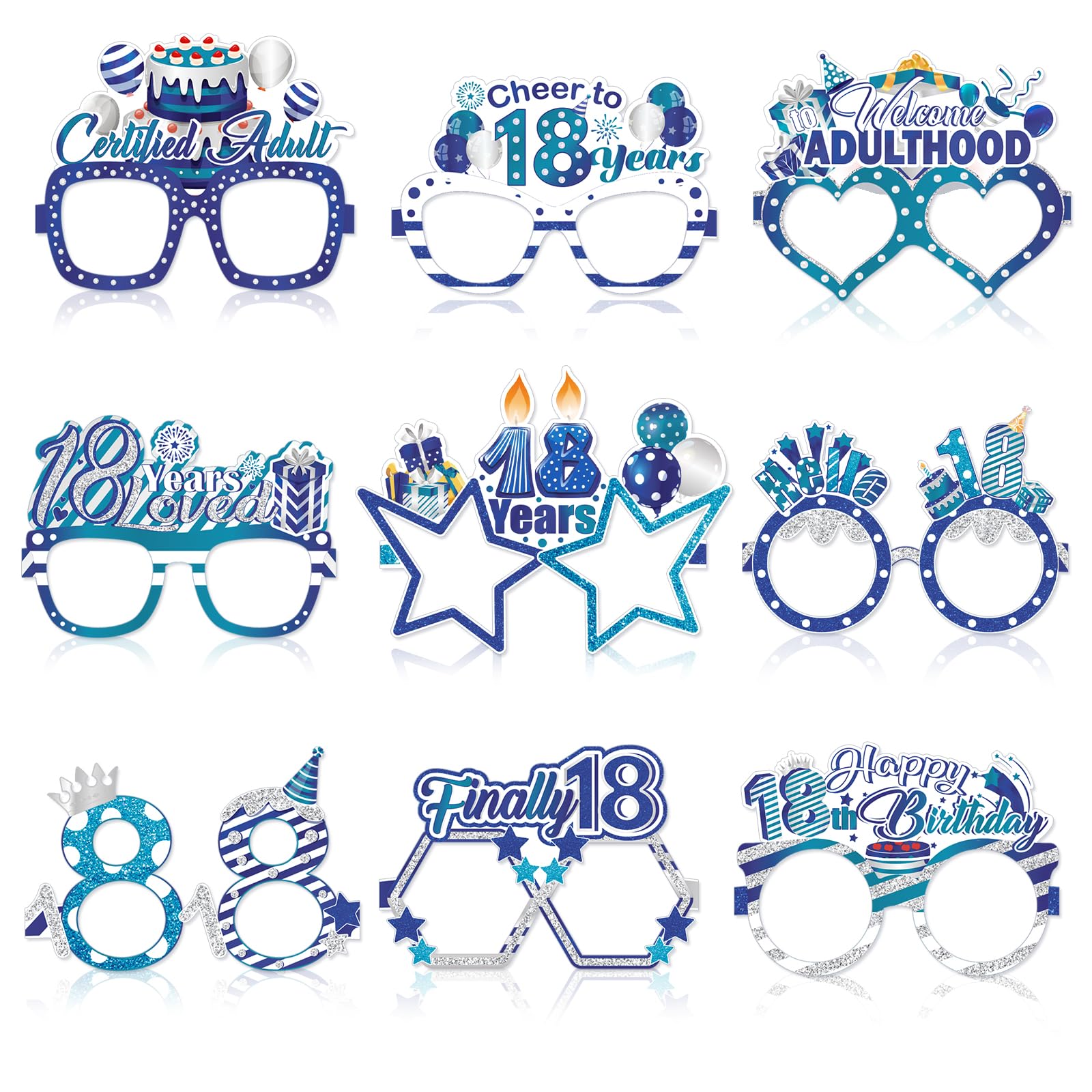 Konsait 18th Birthday Glasses - 18 Pack Blue Silver Paper Glasses 18th Birthday Gifts for Boy, Party Decorations, Accessories & Photo Props