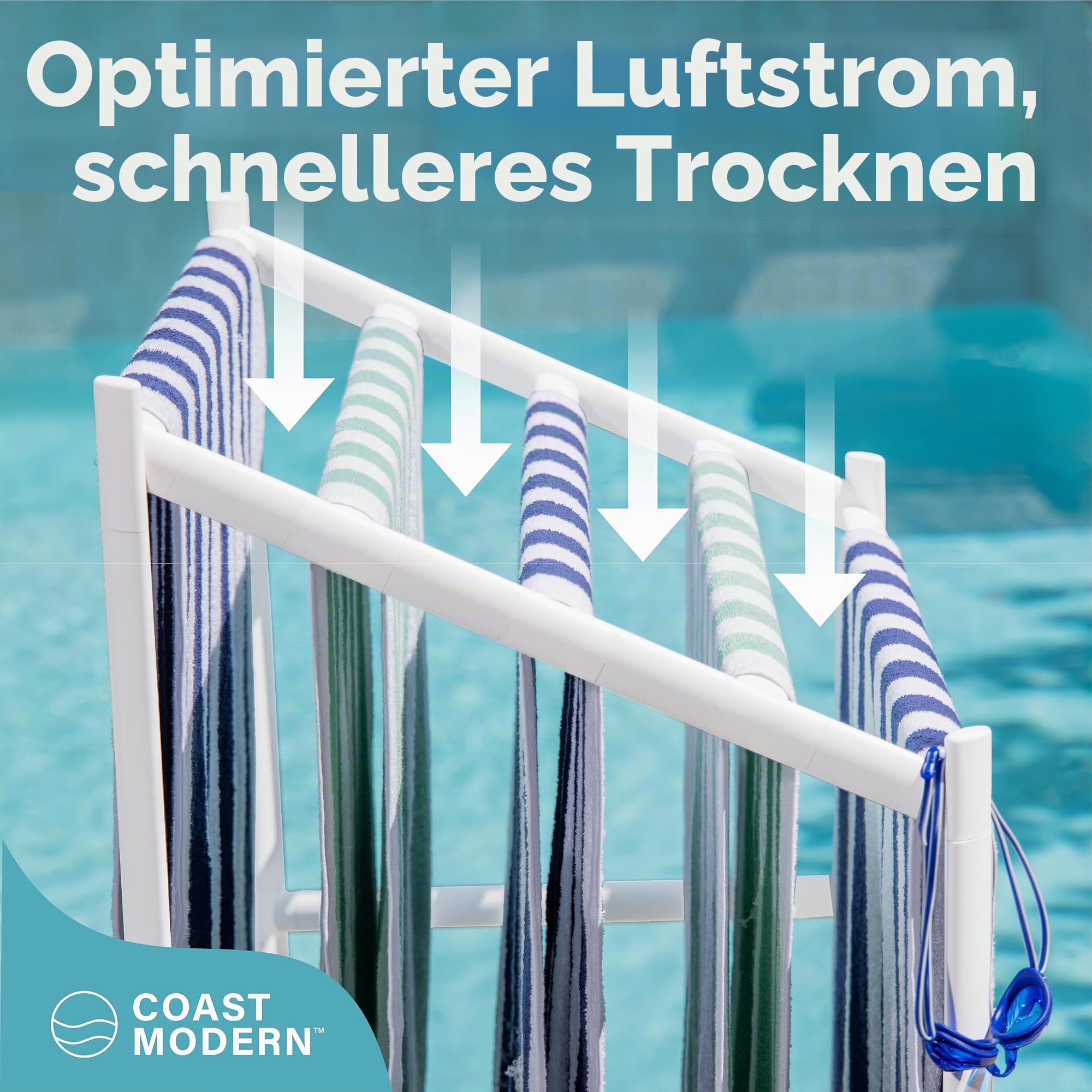 GoSports Coast Modern Pool Handtuchhalter - 5 Strandtuch PVC Trockenständer für Outdoor & Indoor