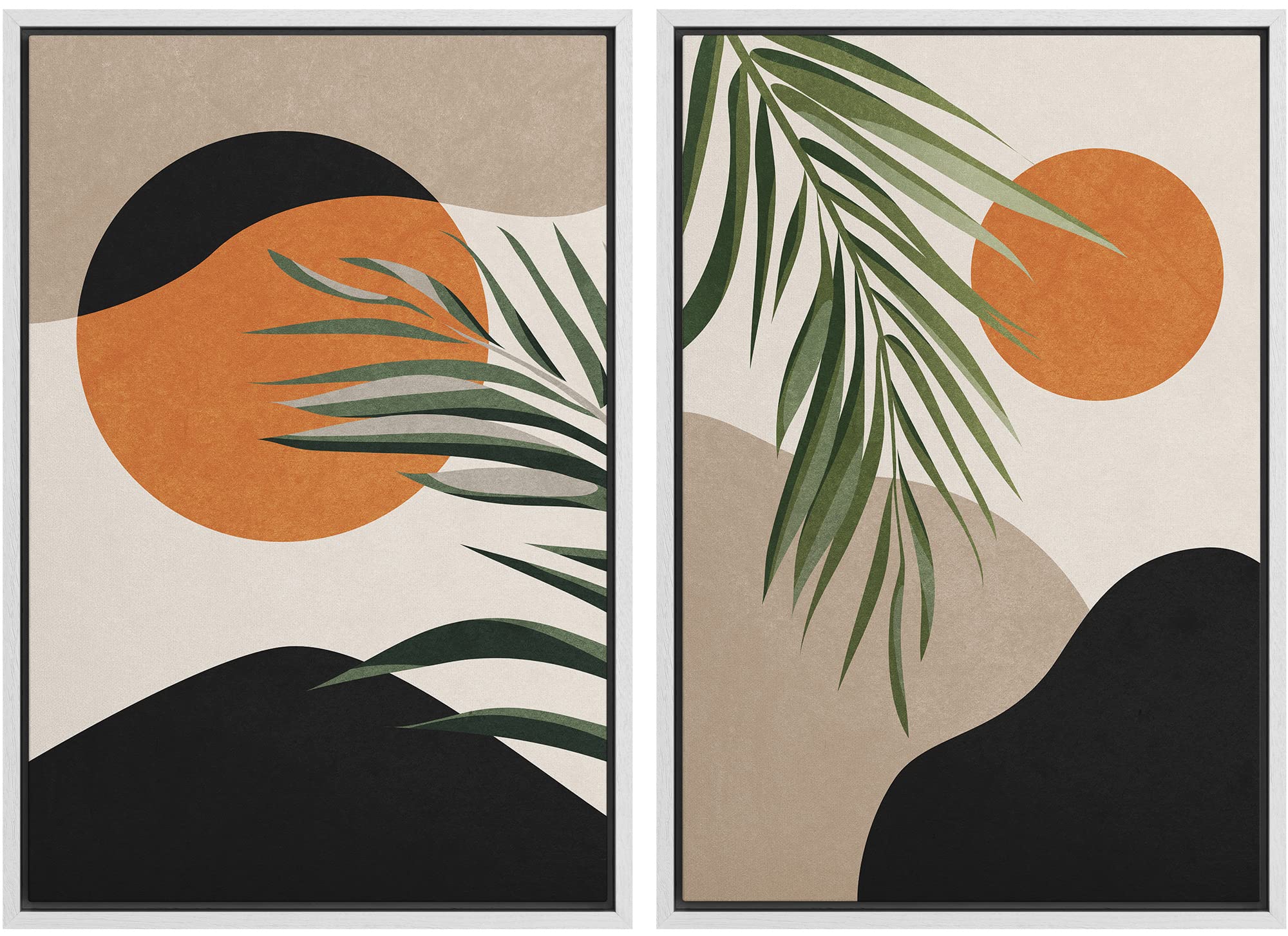 IDEA4WALL Framed Canvas Print Wall Art Set Mid-Century Jungle Palm Leaf Landscape Nature Wilderness Illustrations Modern Art Rustic Decorative for