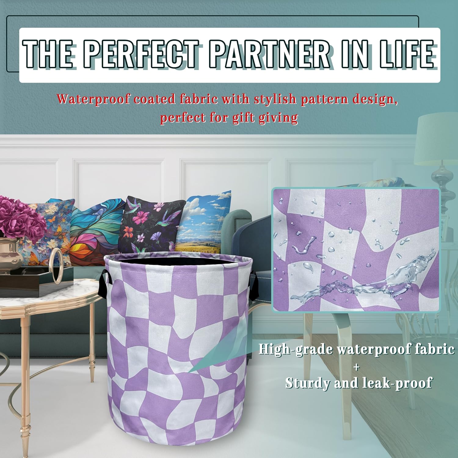 Funny Purple Checkerboard Laundry Basket With Handles Oxford Cloth Tote Bag Colorful Laundry Hamper 18.9" x 16.5 "Foldable Clothes Storage Bucket Toy Organizer For Bathroom/Laundry/Bedroom