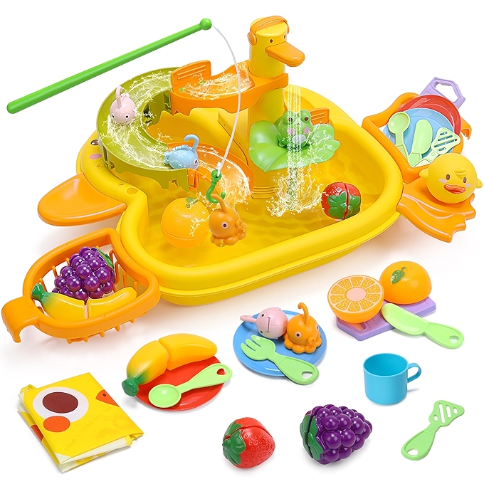 可爱石头水流玩具洗手池，升级电动水龙头配滑水道及浮漂钓鱼玩具，适合儿童角色扮演厨房游戏