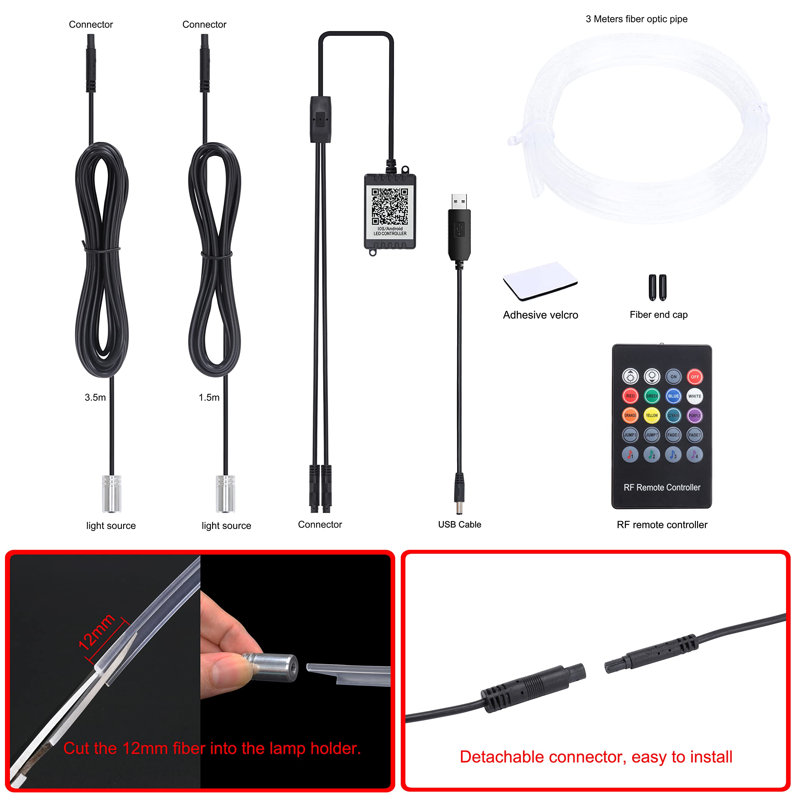 QAUBEN Car Interior Ambient Lighting Kit USB Multicolor RGB 3m Optic Fiber 64 Colors Sound Music Sync Memory Function Wireless RF Remote Controller + Bluetooth APP Control Car Atmosphere Light 12V