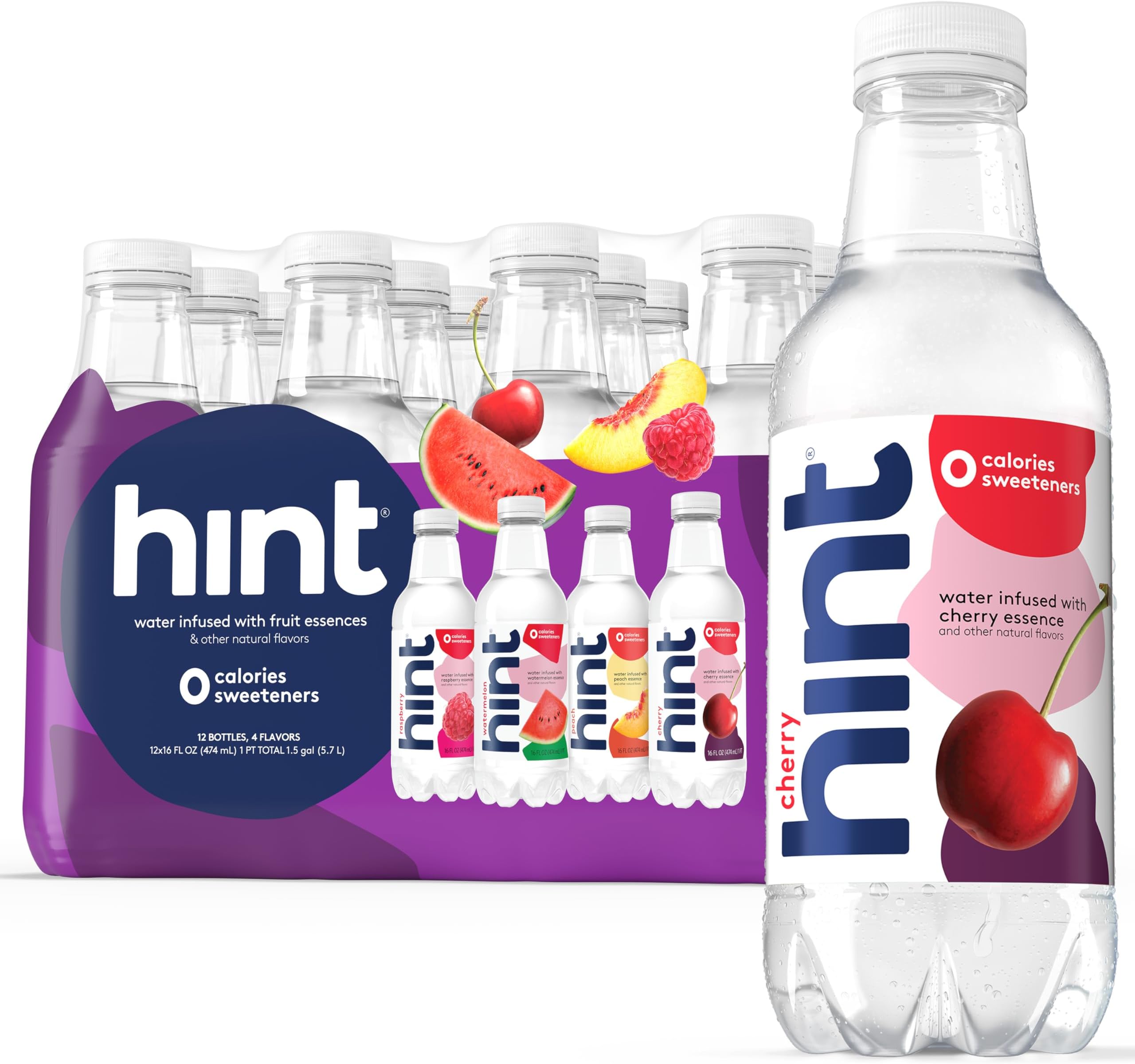 Hint Bottled Water, 4-Flavor Purple Variety Pack - Purified Water Beverages with Zero Calories, Natural Flavors, and Sugar Free - 16 Fl Oz (Pack of 12)