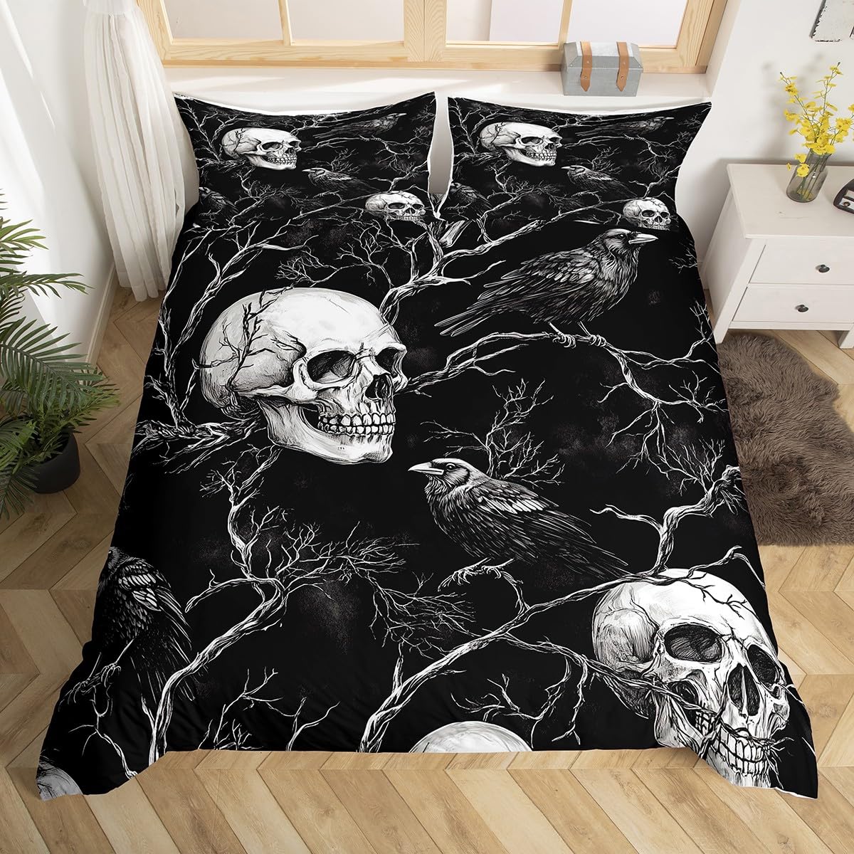 Housse de couette motif tête de mort en microfibre douce avec corbeau et branches