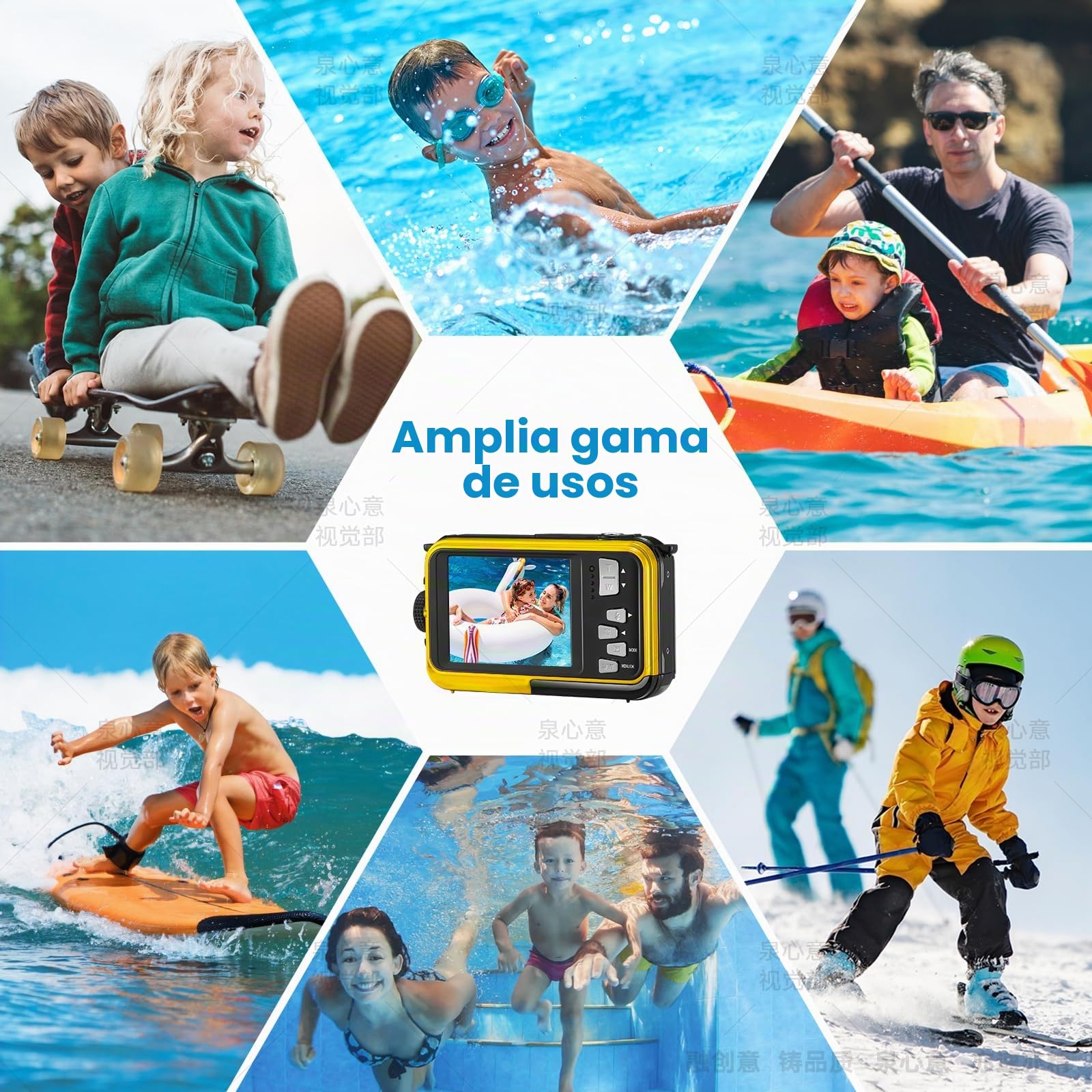 Cámara Digital Impermeable, Cámara Submarina HD 2.7K 48MP con Doble Pantalla para Buceo 3M para Nadar, Zoom Digital 16X Anti-Vibración, Amarilla
