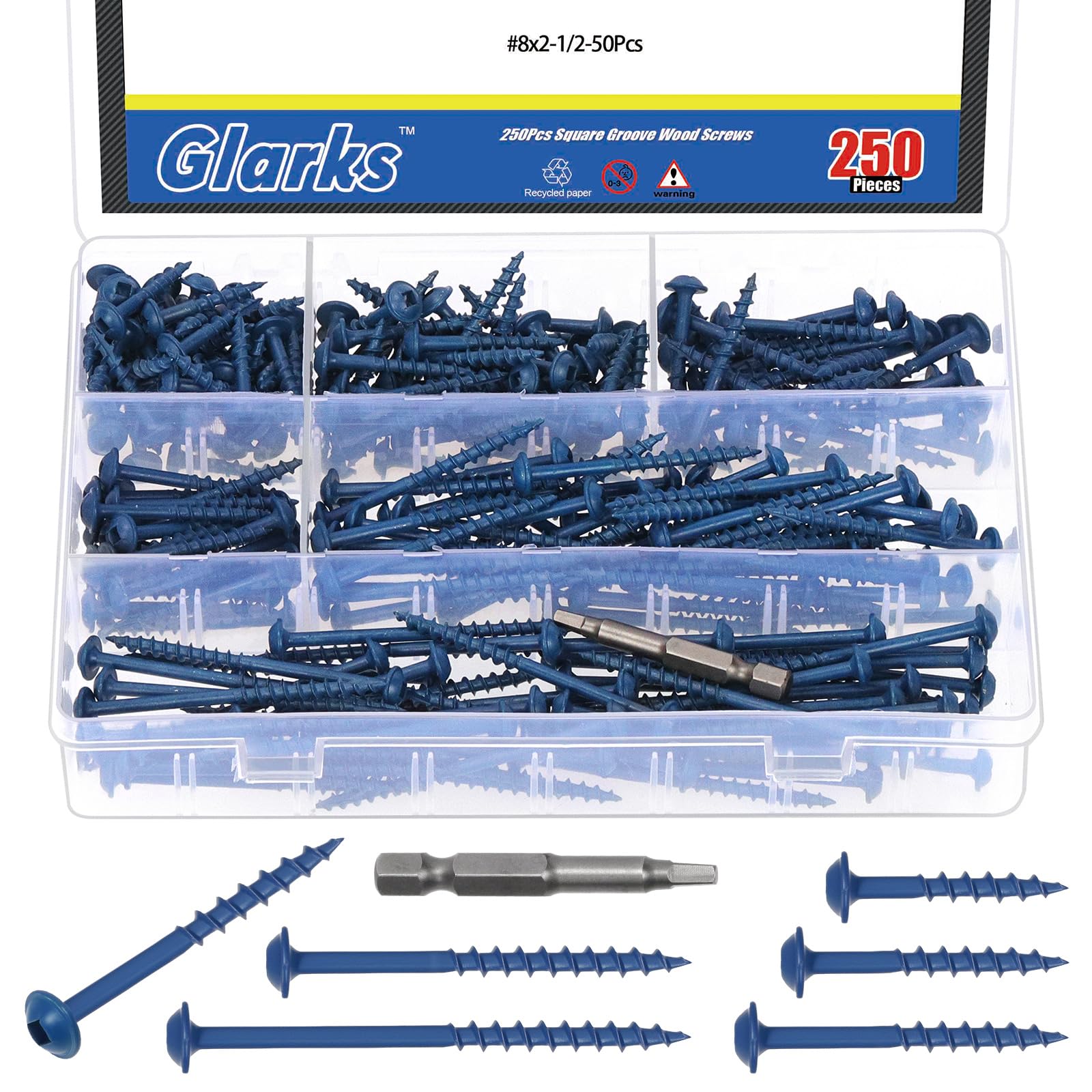 Glarks 250pcs #8 x 1โโ, 1-1/4", 1-1/2โโ, 2", 2-1/2" Pocket Hole Screws with Square Drill Bit Kit, Blue Coated Square Drive Wood Screws, Washer Head Coarse Thread Screw for Woodworking, Furniture