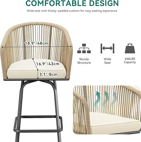 Miniatura 5 de YITAHOME Juego de 2 taburetes de bar giratorios tejidos para patio, sillas de bar al aire libre con cojines suaves para patio trasero, piscina,
