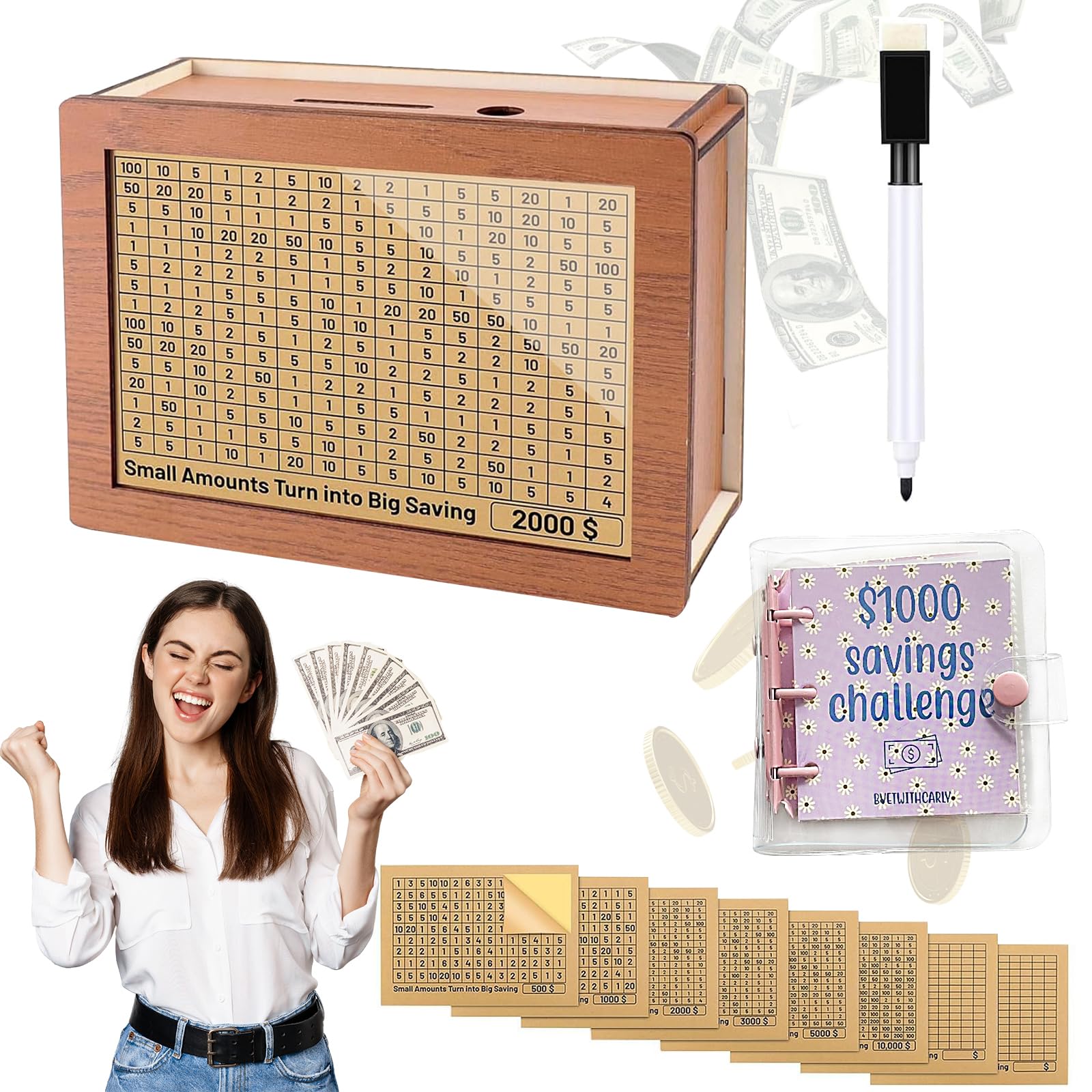 VEOUNDK Money Saving Box - Wooden Savings Targets: 10000, 5000, 3000, 2000, 1000, 500 - Piggy Bank for Adults & Family Emergency Binder