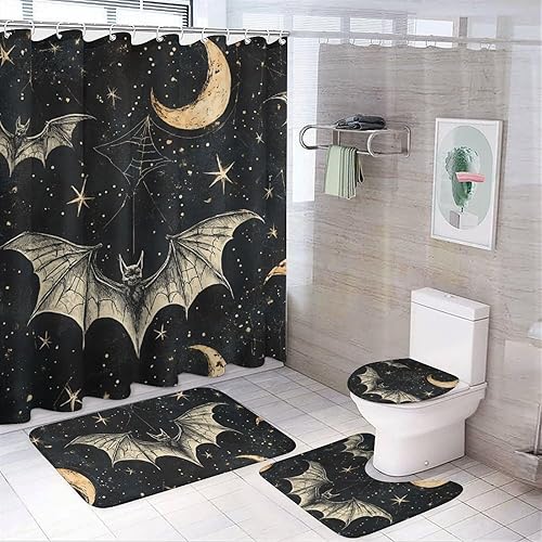 Juego de 4 cortinas de ducha de murciélago de terror de Halloween con alfombras, cubierta de tapa de inodoro y tapete de baño, cortinas de baño disponible en Yaxa Costa Rica