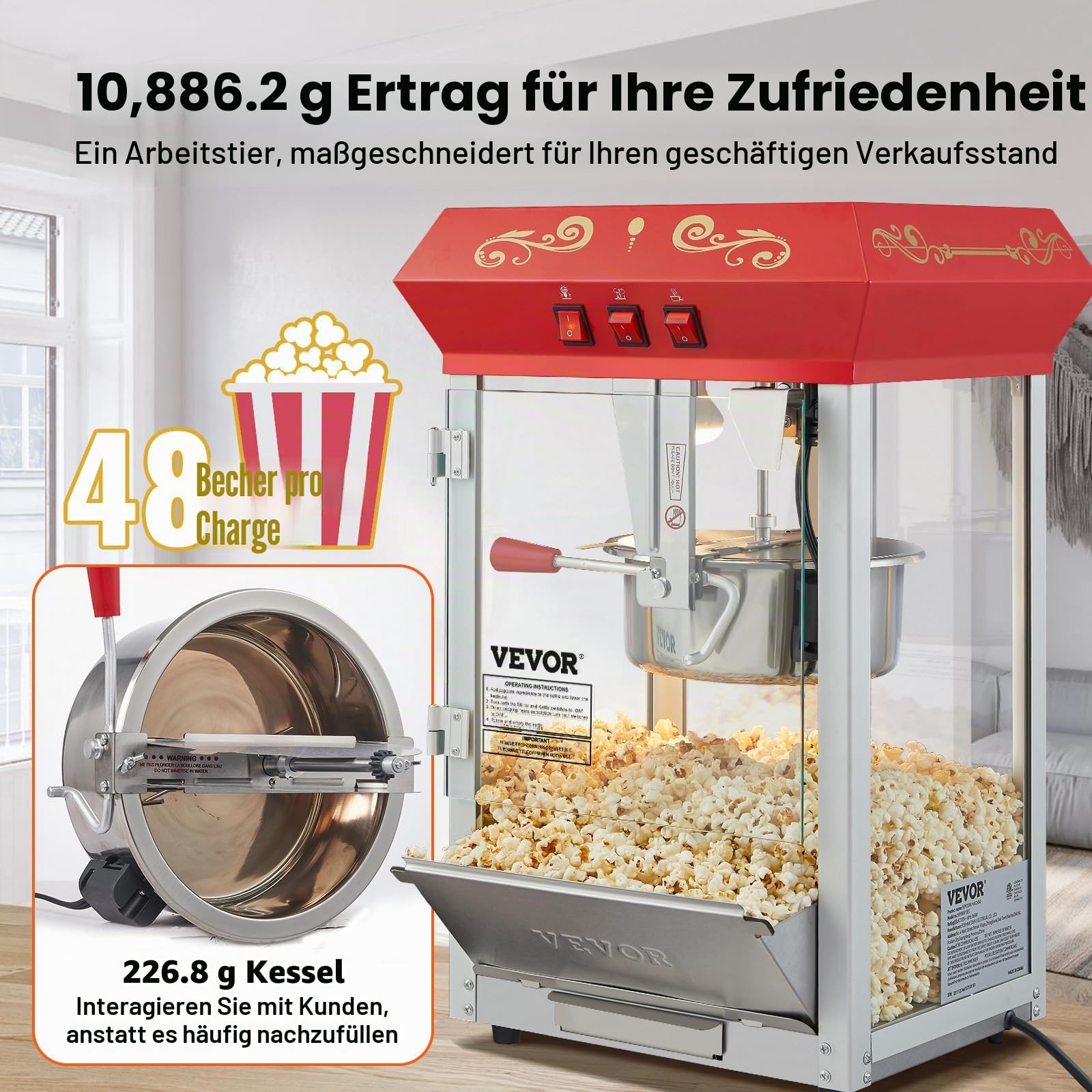 VEVOR Popcornmaschine Popcornautomat Popcorngerät 850 W, 8 oz Kessel für 48 Tassen pro Ladung, Popcornmaschine für die Arbeitsplatte mit gehärtetem Glas, inklusive 4 Schaufeln Maschine mit Kino-Stil