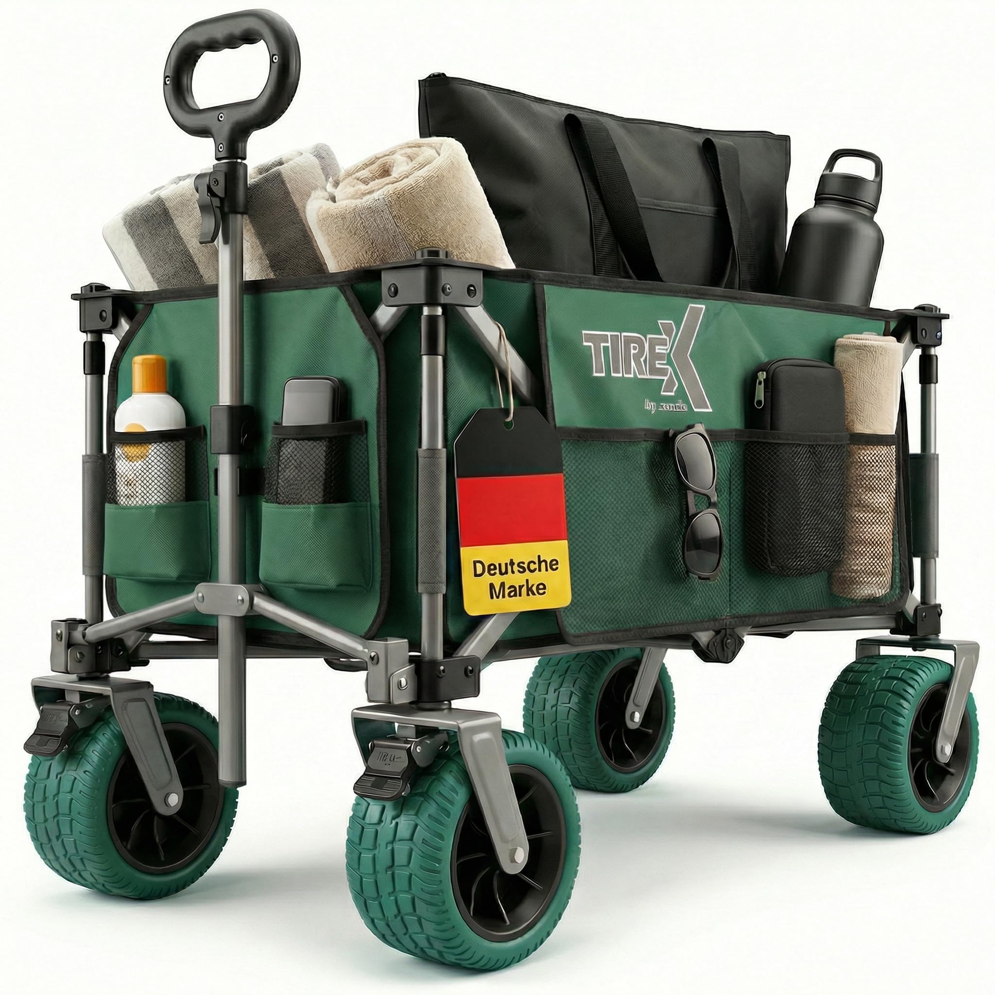 TIREX by xonic® Bollerwagen Faltbar PU XL Rädern aus Vollgummi – Strand & Garten Faltbarer verstellbarem Griff & Fußbremse – Robuster Transportwagen für Kinder & Camping (PU XL Räder, Grün)