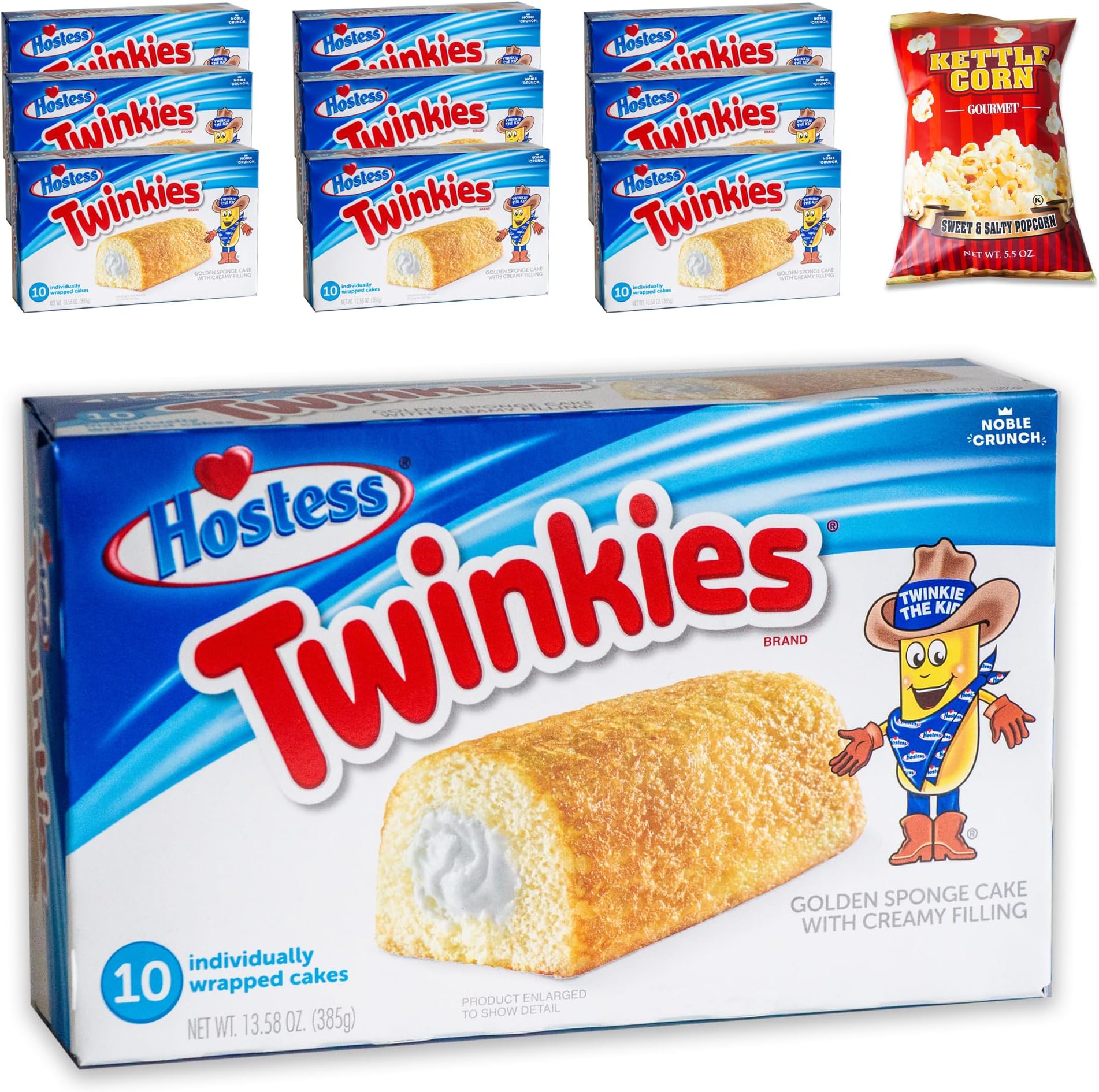 Twinkies (10pks - 100 twinkines) - Gourmet Sweet and Salty Kettle Popcorn (1, 5.5oz bag) - Delicious Snack Bundle - 11 Items Total