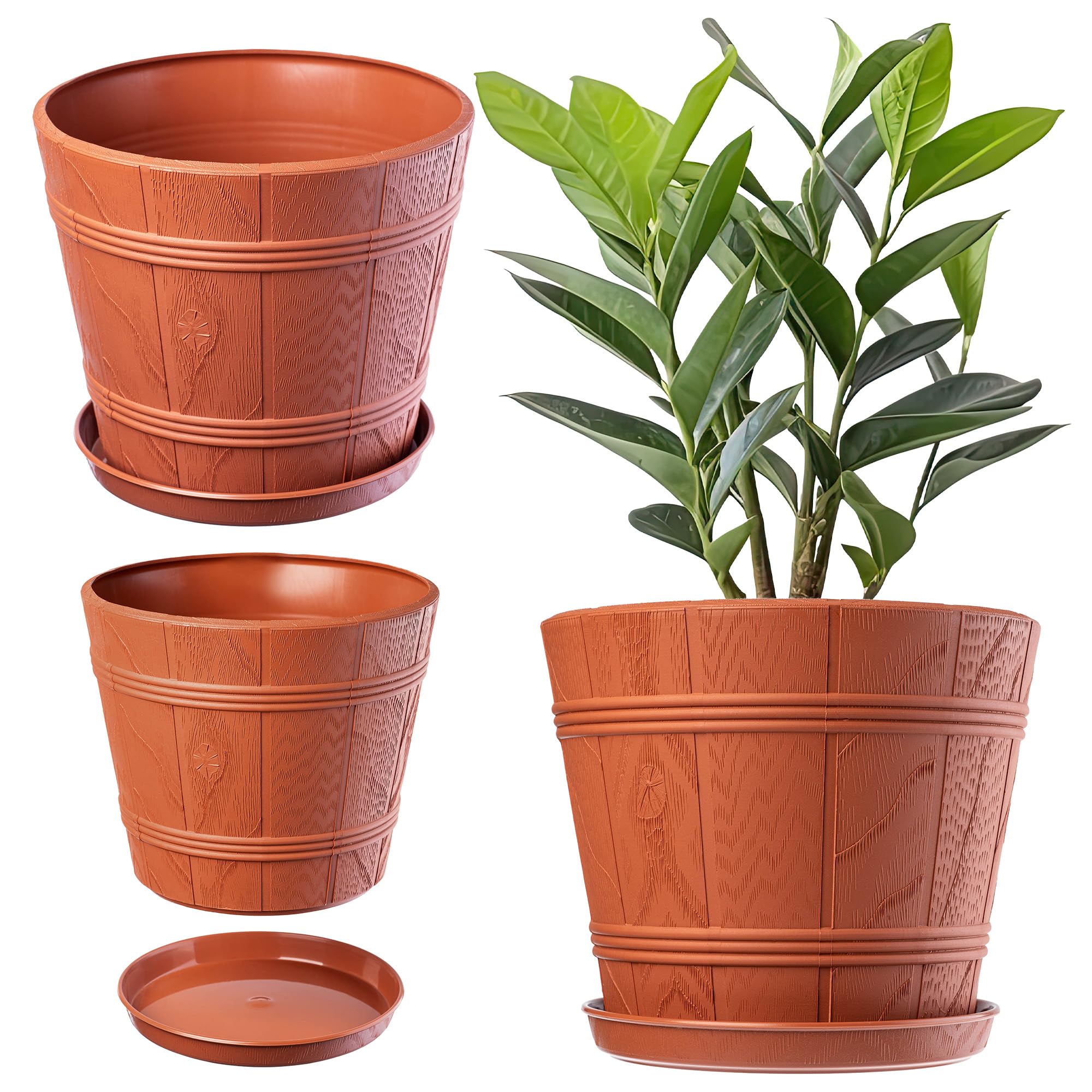 KADAX Barrel Planter, Plastic Plant Pot with Saucer for Indoor and Outdoor Use, Weatherproof Rustic Flowerpot for Balcony (⌀ 22 cm, Terracotta)