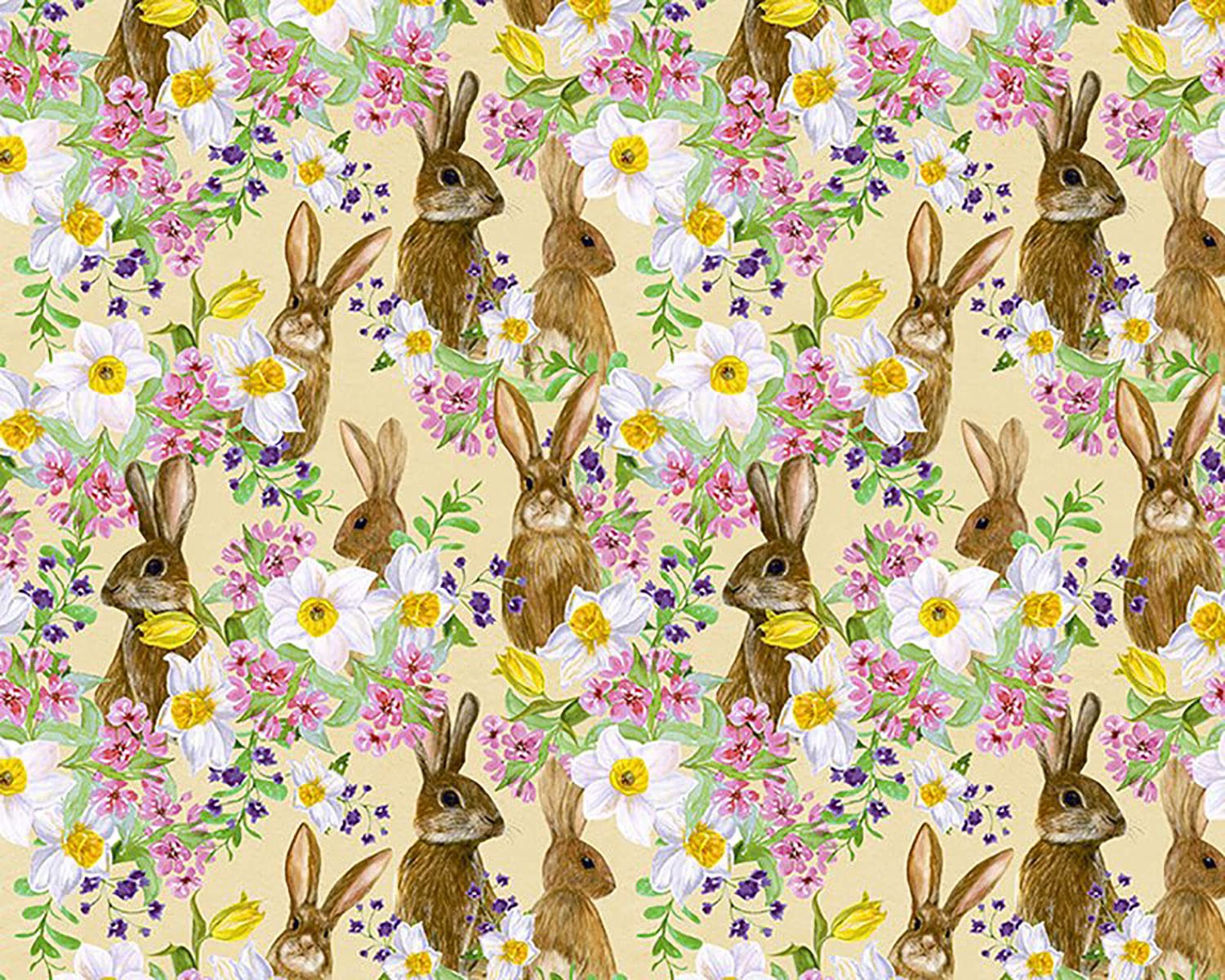 Little Johnny Lemon Easter Bunnies & Flowers Cotton Fabric (100% Cotton, Ideal For Crafts, Quilting, Dressmaking, Easter Projects, Sewing, Patchwork, Bunting) (Metre),