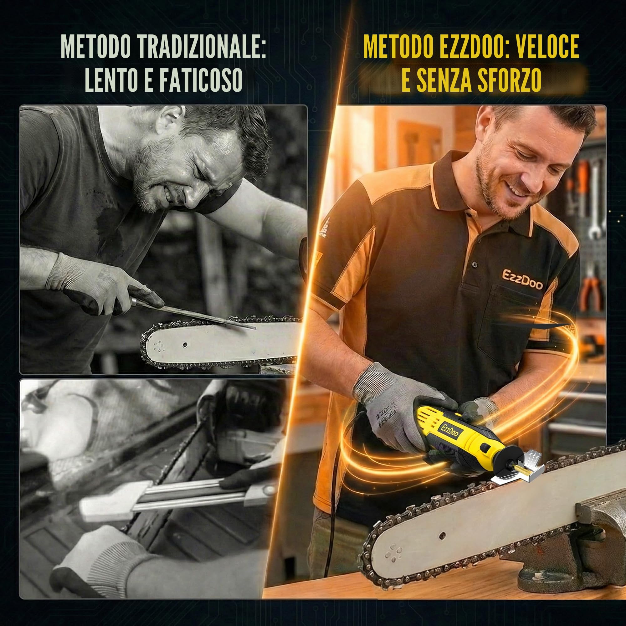 EzzDoo Kit affilacoltelli elettrico per motosega con punte diamantate placcate in titanio, strumento per affilare motosega ad alta velocità e 6 ruote ad alta durezza per tutte le catene di motosega