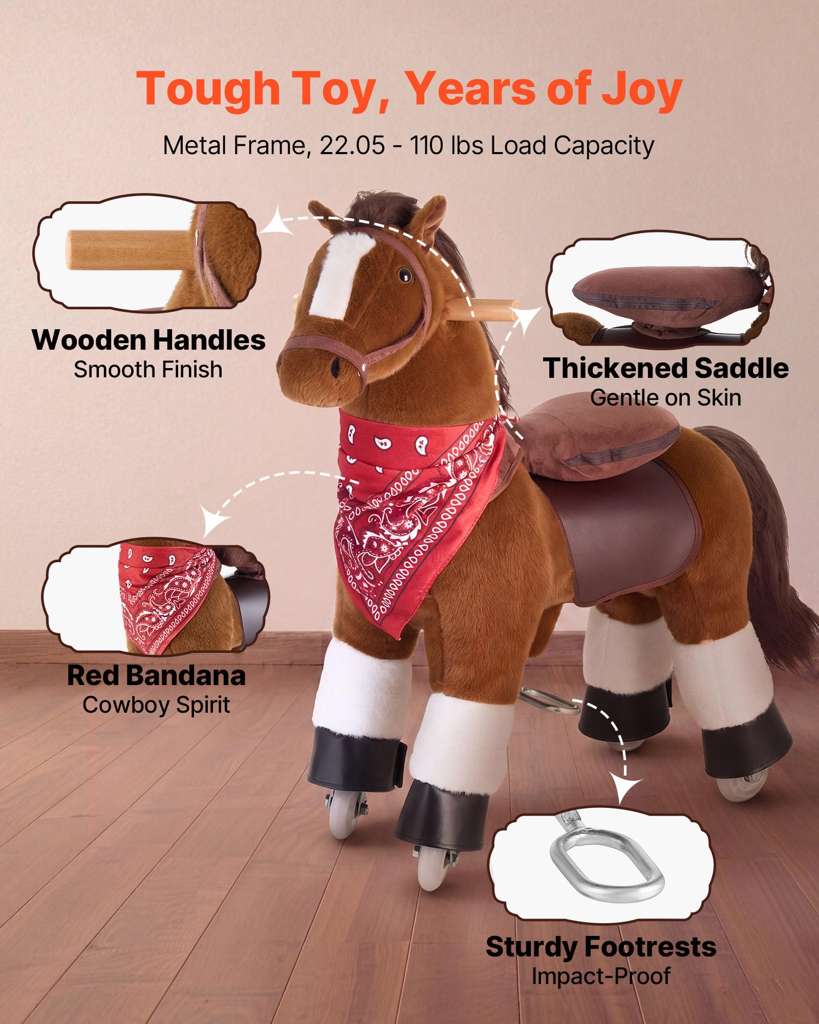 VEVOR Caballo de Juguete para Niños, Pony de Montar con Ruedas, Pedales, Caballito Infantil con Asiento Elevado, Estructura de Metal, Uso Interior y Exterior, Carga hasta 50 kg, Niños Niñas 3 a 8 Años
