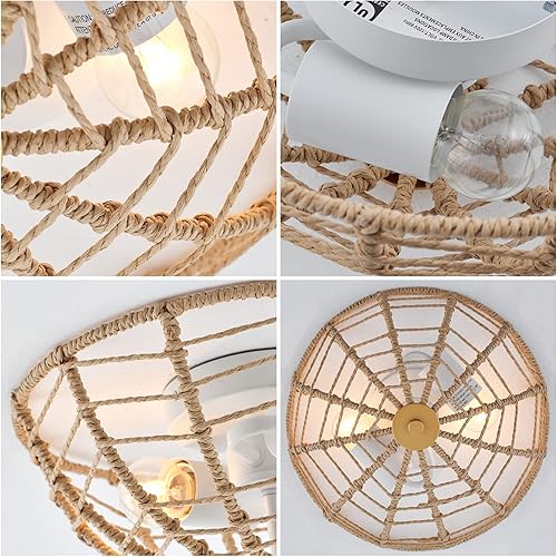 Miniatura 7 de ELYCCUPA Lámpara de techo de ratán tejida a mano, cordel, estilo bohemio, montaje empotrado, accesorios de iluminación de techo, mini candelabro
