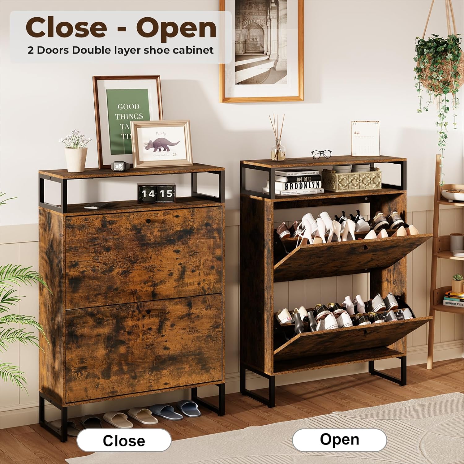 HOMMPA Shoe Storage Cabinet with 2 Flip Drawers, Freestanding Shoe Organizer with Metal Legs for Entryway, Narrow Shoe Rack Cabinet, Rustic Brown