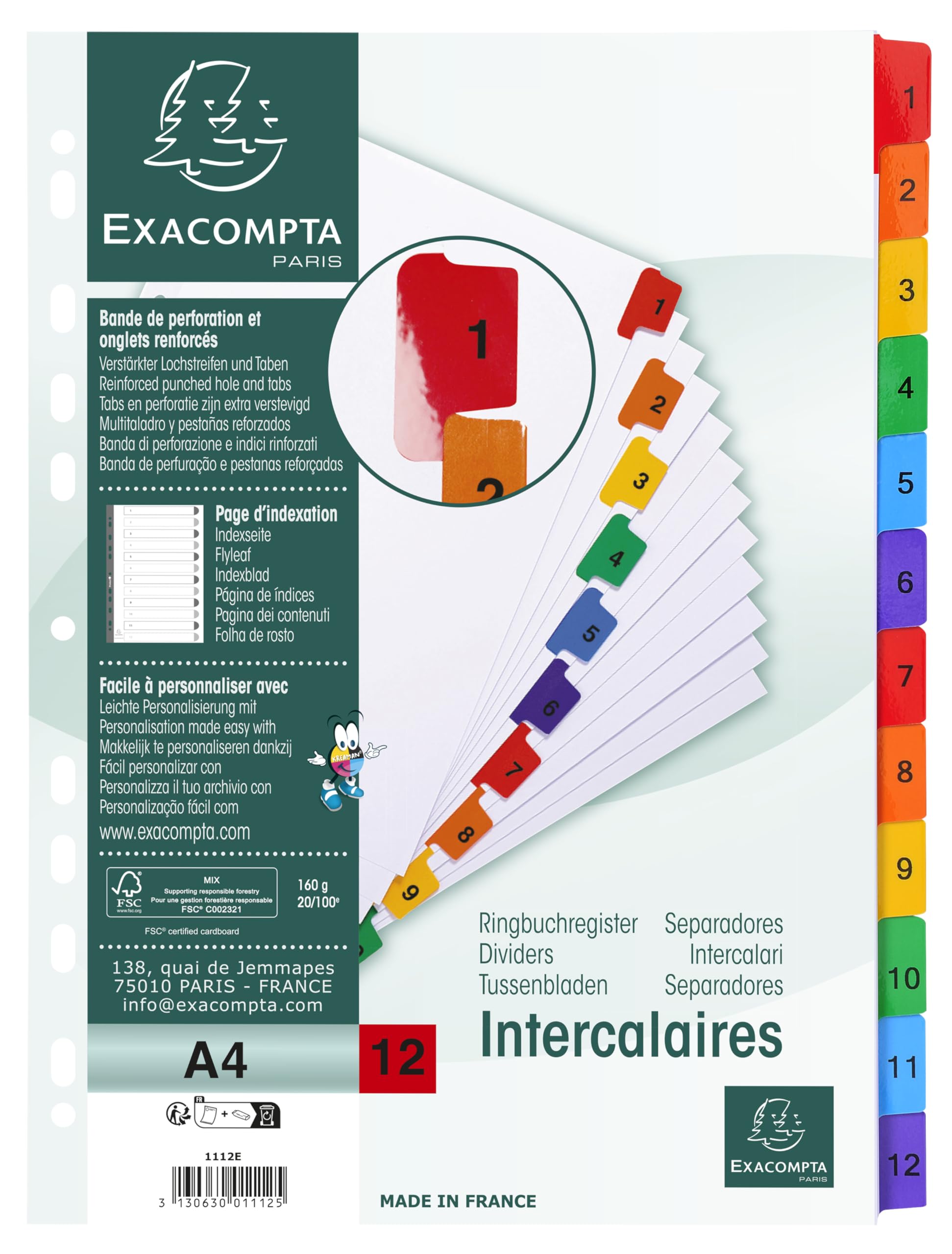 Exacompta - Ref. 1112E – Karton mit 20 Registern aus weißem Karton, 160 g/m², FSC® mit 12 digital bedruckten Registern von 1 bis 12 Farben, Indexseite bedruckbar, für DIN A4, Maße: 22,5 x 29,7 cm