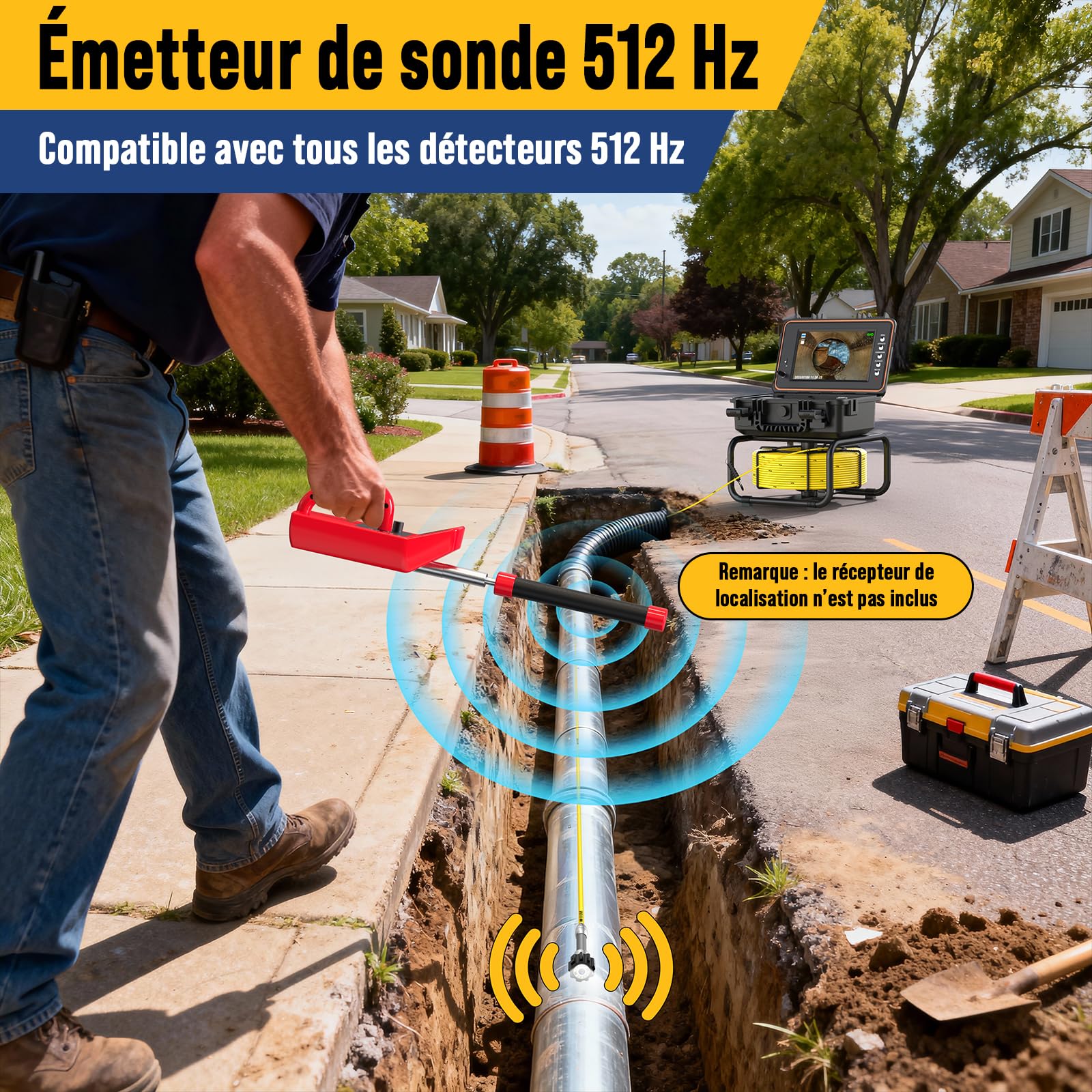 Caméra d’Inspection Canalisation, Caméra Auto-Nivelante 1080P et Émetteur 512Hz, Câble de 50M avec Repères Métriques, Écran IPS HD De 9 Pouces, DVR 32 Go, Batterie 5100 mAh, Étanchéité IP68