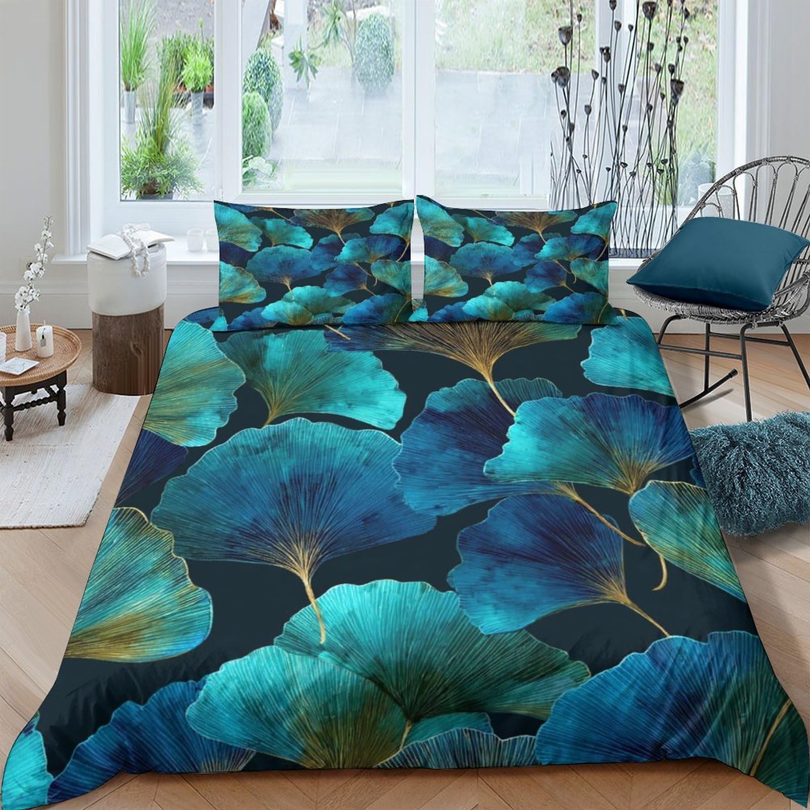 Ctjqhvkz Style-1 3D Printed Blue Ginkgo Leaf Fitted Sheet Microfiber Soft Teal Botanical Mattress Cover For Bedroom Decor Dorm Protection Single（135X200cm）