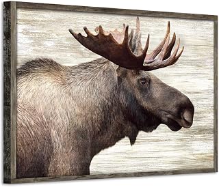 Wildlife Painting Wood Wall Art: Majestic Moose Artwork Pictures Framed Prints on Wooden Panel for Bedroom (36”W x 24''H, Multi-Sized/Material)