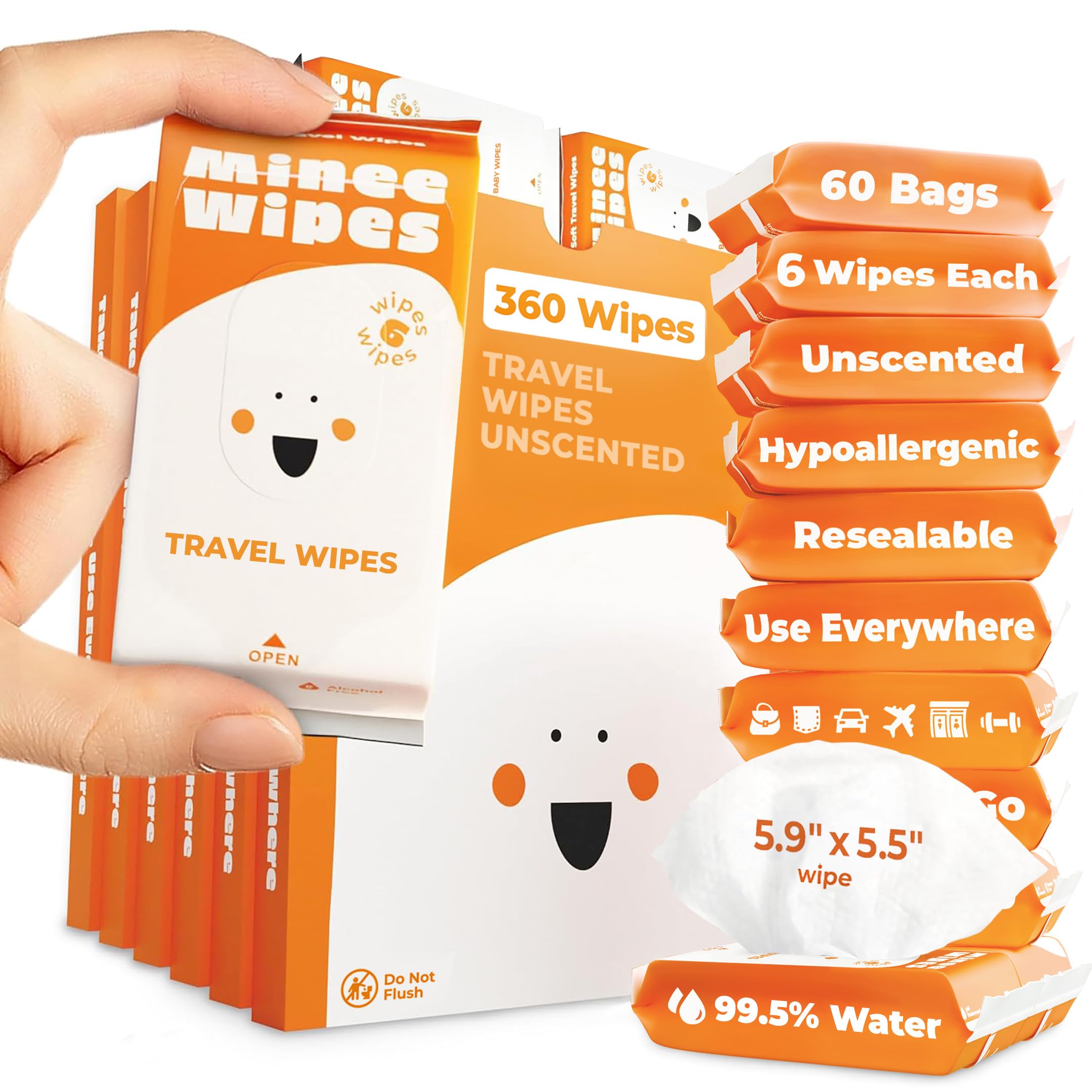 MOONIES MINEE WIPES - Wsuń je do torby - Ultra kompaktowy rozmiar opakowania - Ręczniki dla dorosłych i dzieci - Chusteczki podróżne, bezalkoholowe, bezalkoholowe, bez pepów