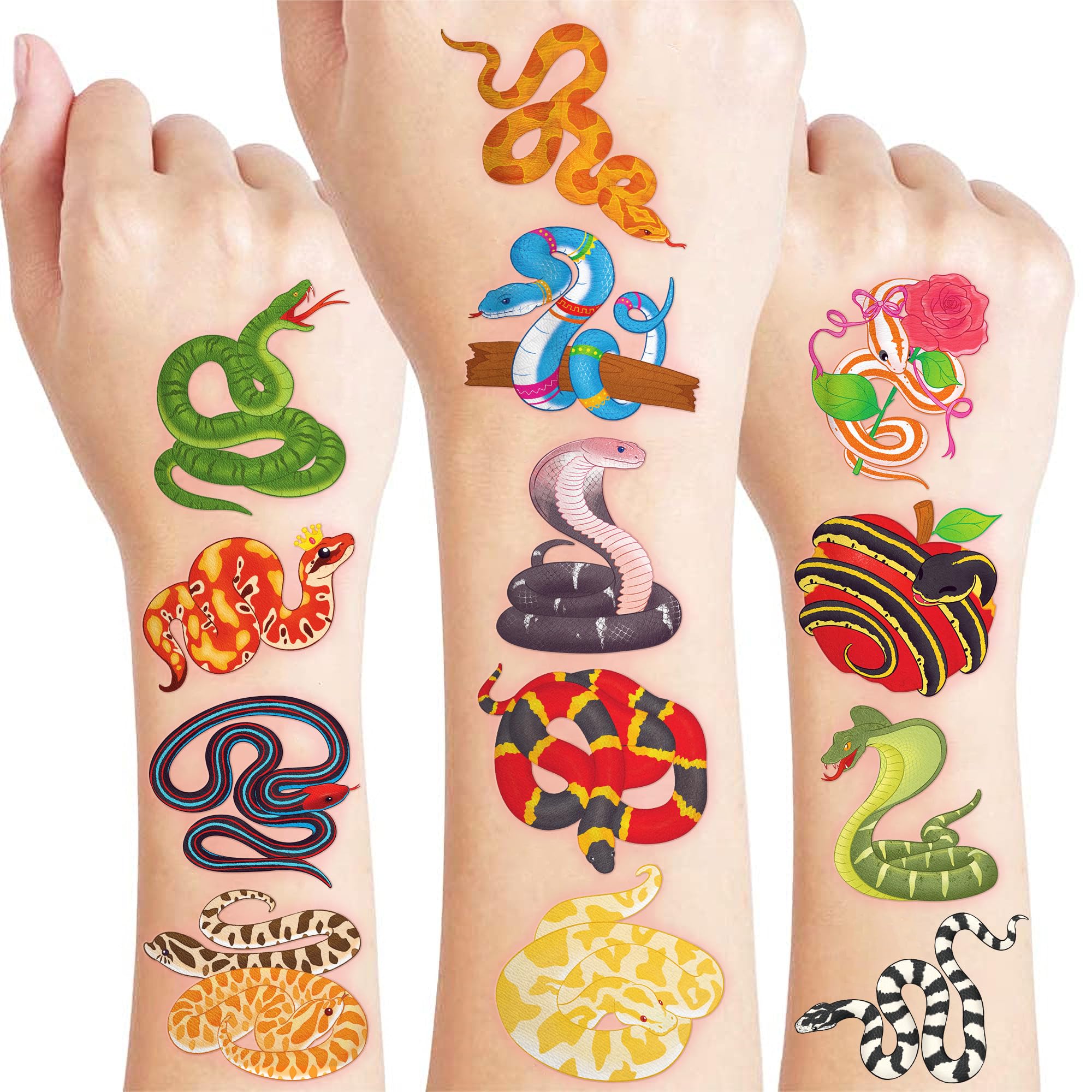 96 PCS Cute Snake Reptile Pre-Cut Temporary Tattoos for Kids | Cute Themed Birthday Party Favors, Supplies, Decorations, Jungle Animal Fake Tattoo