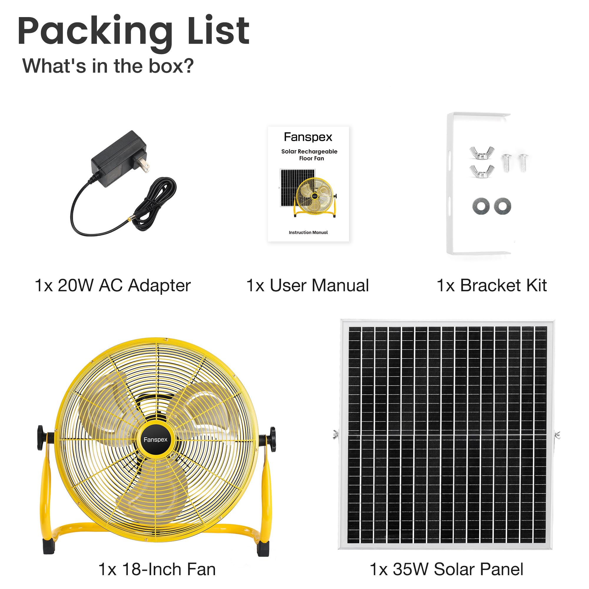 Fanspex Ventilatore da pavimento ricaricabile a energia solare da 45,7 cm, per esterni, 22500 mAh, con pannello solare da 35 W, per patio, gazebo, campeggio, inclinazione a 360° (flusso d'aria 5,8 m/s