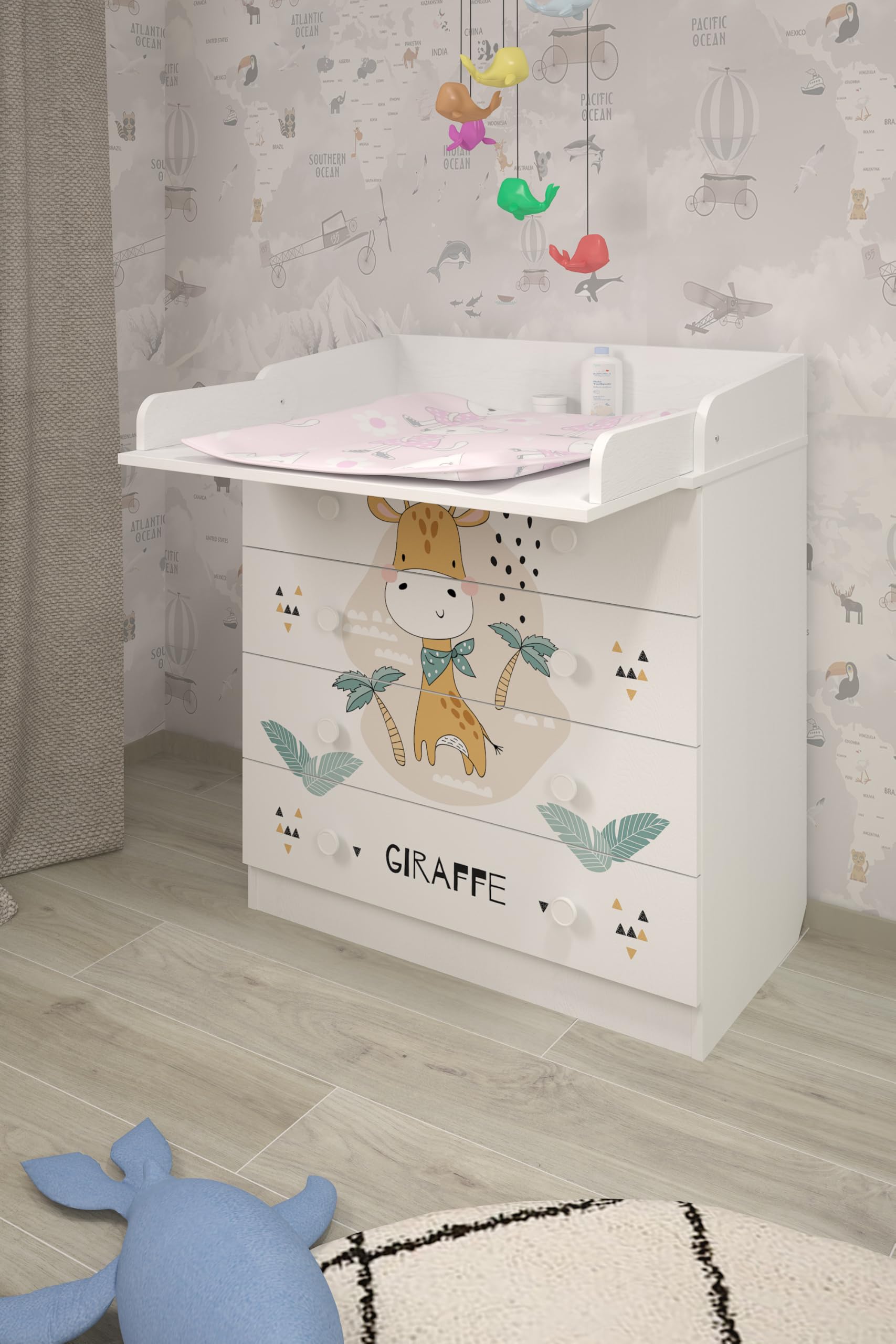 Shefa 800 Kids Baby Changing Table White Giraffe Chest of Drawers with 4 Drawers and Changing Unit