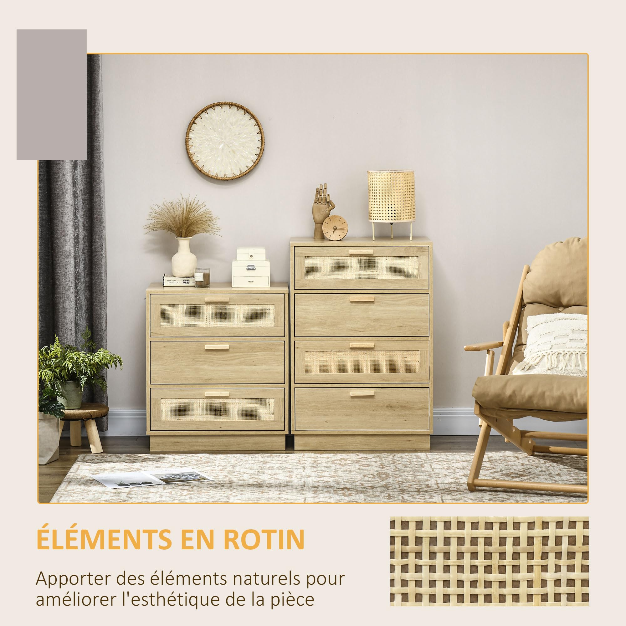 HOMCOM Commode 3 tiroirs Style Bohème 60 x 38 x 69 cm Bois Naturel | Commode Chambre, Meuble de Rangement, Cadre en Bois, Chiffonnier en Rotin, pour Chambre à Coucher, Salon, Entrée