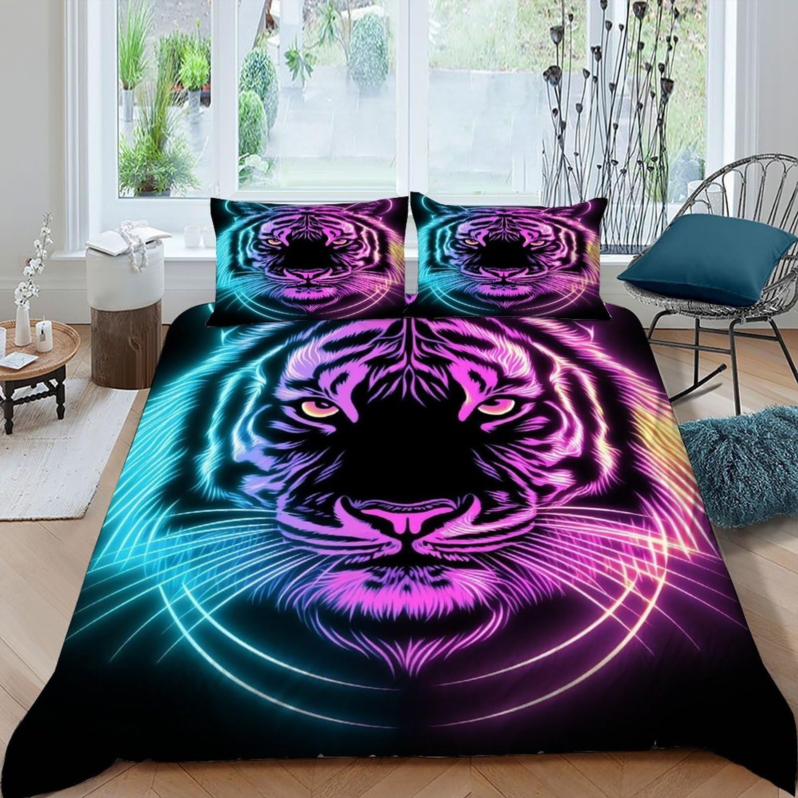 Housse de couette tigre 220x240 cm avec deux taies d'oreiller pour lit double