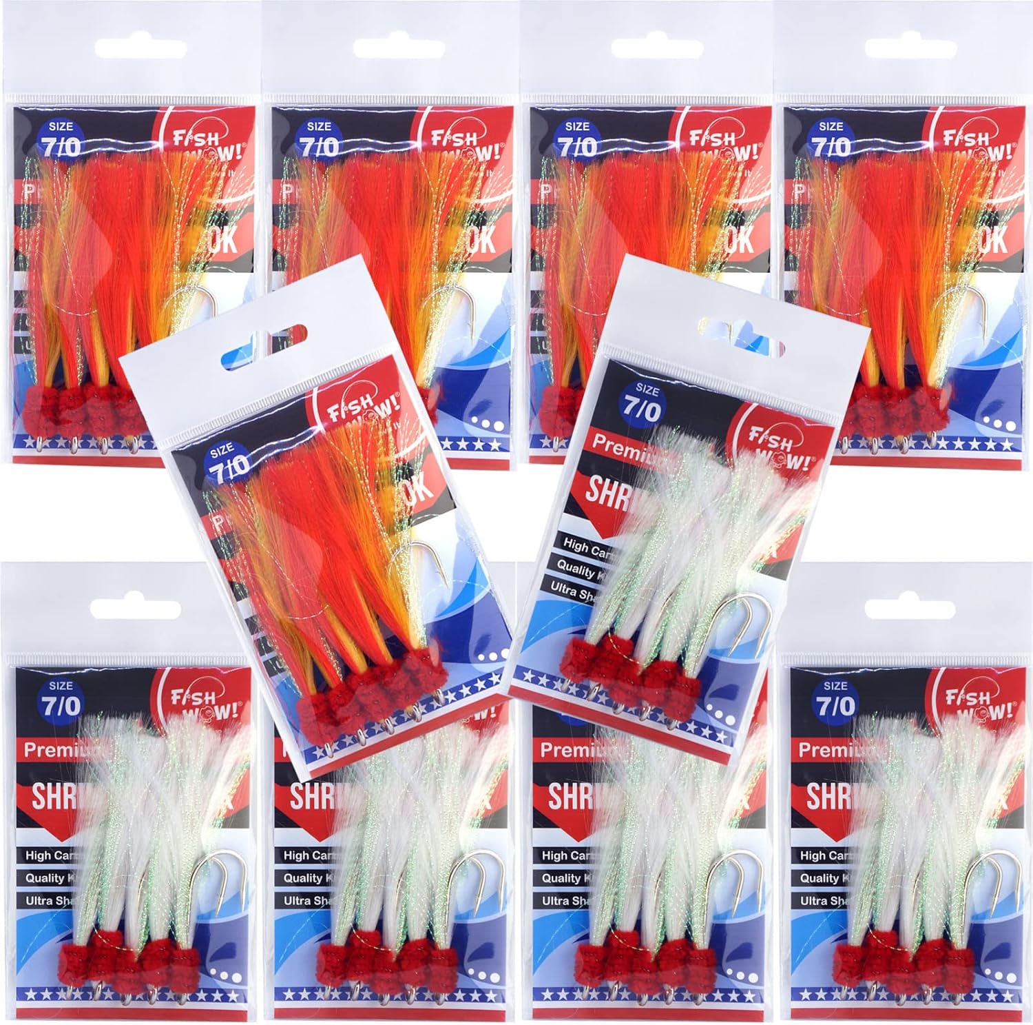50 Pieces Fish WOW! 7/0 Shrimp Flying Hooks 2-Color red Yellow White Krystal Flash