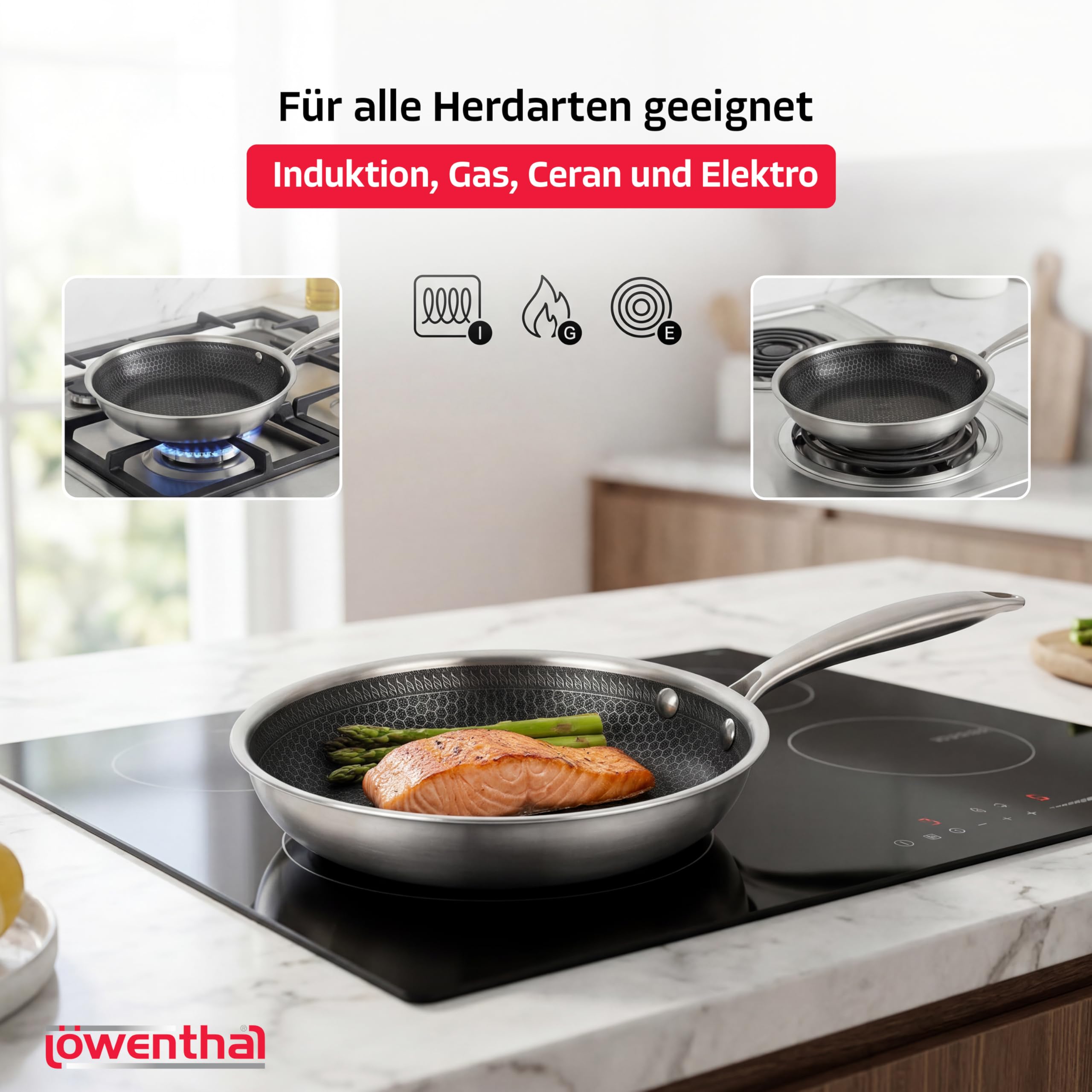 Löwenthal® Bratpfanne 28 cm | Edelstahl Pfanne mit Wabenstruktur | Keramische Antihaftbeschichtung | Kratzfest | PFAS- & PTFE-frei | Induktion alle Herdarten | Spülmaschinenfest | Backofenfest 280°C