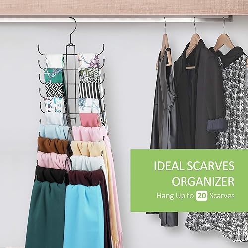 Miniatura 8 de Colgador de bufanda para armario, 20 organizadores de bufandas de gran capacidad, soporte para bufandas que ahorra espacio, organizador de armario